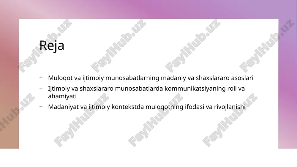 'ynaydi, sharqda esa mehribonlik va hurmat. 3 ijtimoiy kontekst va muloqot - muloqot usullari jamiyatning ijtimoiy strukturasiga va an'analarga bog'liq. masalan, g'arbda individualizm, sharqda esa kollektivizm asosiy o'rin tutadi. 4 noan'anaviy muloqot usullari - zamonaviy texnologiyalar va digital kommunikatsiya madaniyatlararo muloqotni kengaytirdi. masalan, ijtimoiy tarmoqlar orqali dunyo bo'ylab tez va oson aloqalar o'rnatiladi. ijtimoiy rollar va kommunikatsiya: shaxslararo bog'lanishning asosiy elementlari. 1 ijtimoiy rollar va kommunikatsiya - ijtimoiy rollar shaxslarning jamiyatdagi vazifalari va huquqlarini belgilaydi, ular orqali shaxslar o'rtasida muloqot va bog'lanish rivojlanadi. 2 munosabatlarning shakllari - ijtimoiy rollar asosida shakllangan munosabatlar formal va norasmiy bo‘lib, ular shaxslararo ishonch va hamkorlikni mustahkamlashda muhim rol o‘ynaydi. 3 rollar va ijtimoiy ta’sir - ijtimoiy rollar shaxslarning xatti-harakatlariga va kommunikatsiya uslublariga ta’sir qiladi, bu esa ijtimoiy bog‘lanishlarning chuqurlashuvi va o‘sishiga yordam beradi. tarixiy nuqtai nazardan muloqot va munosabatlarning rivojlanishi. 1 muloqotning tarixiy asoslari tarix davomida muloqot insonlarning jamiyatdagi rivojlanishi va madaniyatlarning shakllanishida muhim …