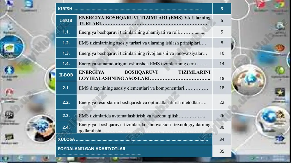 ni kamaytiradi. ular qayta tiklanadigan energiya manbalaridan foydalanishni rag‘batlantirish, uglerod izini kamaytirish va barqaror rivojlanish tamoyillariga rioya qilish imkonini beradi. ems tizimlarining asosiy turlari va ularning ishlash prinsiplari. energiya boshqaruvi tizimlari turli sohalarda energiyani samarali boshqarish va iste’molni optimallashtirish uchun ishlatiladi. ular energiya sarfini nazorat qilish, yo‘qotishlarni kamaytirish va barqaror ishlashni ta’minlashga yordam beradi. ushbu tizimlar o‘z vazifalari va qo‘llanilish sohalariga qarab bir nechta asosiy yo‘nalishga bo‘linadi. sanoat sohasida ishlatiladigan energiya boshqaruvi tizimlari ishlab chiqarish jarayonlarida energiya samaradorligini oshirish va yo‘qotishlarni minimallashtirishga qaratilgan. energiya saqlash sxemasi. ular real vaqt rejimida energiya sarfini kuzatib boradi, ortiqcha sarflarni aniqlaydi va avtomatlashtirilgan boshqaruv orqali samaradorlikni oshiradi. sensorlar va aqlli hisoblagichlar yordamida elektr, issiqlik va suv iste’moli nazorat qilinadi va kerakli sozlashlar amalga oshiriladi. tijorat va maishiy foydalanish uchun mo‘ljallangan energiya boshqaruvi tizimlari yirik ofis binolari, savdo markazlari va turar-joy komplekslarida qo‘llaniladi. ular yoritish, isitish, sovutish va shamollatish tizimlarini boshqarish orqali energiya sarfini kamaytirishga …