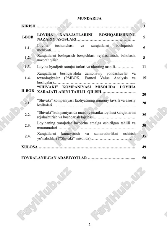 sababli zamonaviy loyiha boshqaruvi tizimlarida xarajatlarni rejalashtirish, monitoring qilish, tahlil etish va optimallashtirish masalalari muhim o‘rin tutadi. loyiha xarajatlarini boshqarish — bu nafaqat iqtisodiy samaradorlik, balki resurslardan oqilona foydalanish, risklarni kamaytirish va loyiha maqsadlariga erishish kafolati hisoblanadi. bugungi kunda har qanday loyiha muvaffaqiyatli amalga oshirilishi uchun uning xarajatlari puxta rejalashtirilishi, aniq nazorat qilinishi va samarali boshqarilishi zarur. xarajatlarni boshqarish loyihaning moliyaviy barqarorligini, belgilangan muddatlarda bajarilishini va umumiy samaradorligini ta’minlaydi. raqobat kuchaygan, resurslar cheklangan va narxlar tez-tez o‘zgarib turadigan sharoitda loyiha xarajatlarini to‘g‘ri boshqarish orqali isrofgarchilikning oldi olinadi, foyda darajasi oshiriladi va risklar kamaytiriladi. kurs ishining maqsadi: ushbu kurs ishining asosiy maqsadi — loyiha xarajatlarini boshqarish bo‘yicha nazariy bilimlarni o‘rganish, zamonaviy boshqaruv yondashuvlari asosida xarajatlarni rejalashtirish, nazorat qilish va tahlil qilish usullarini o‘rganish, shuningdek amaliy misollar orqali bu jarayonlarning samaradorligini baholashdan iborat. kurs ishining vazifalari: 1. loyiha xarajatlarini boshqarishning asosiy tushunchalari va ahamiyatini aniqlash; 2. xarajatlar turlari (kapital, operatsion, o‘zgaruvchan, doimiy) …