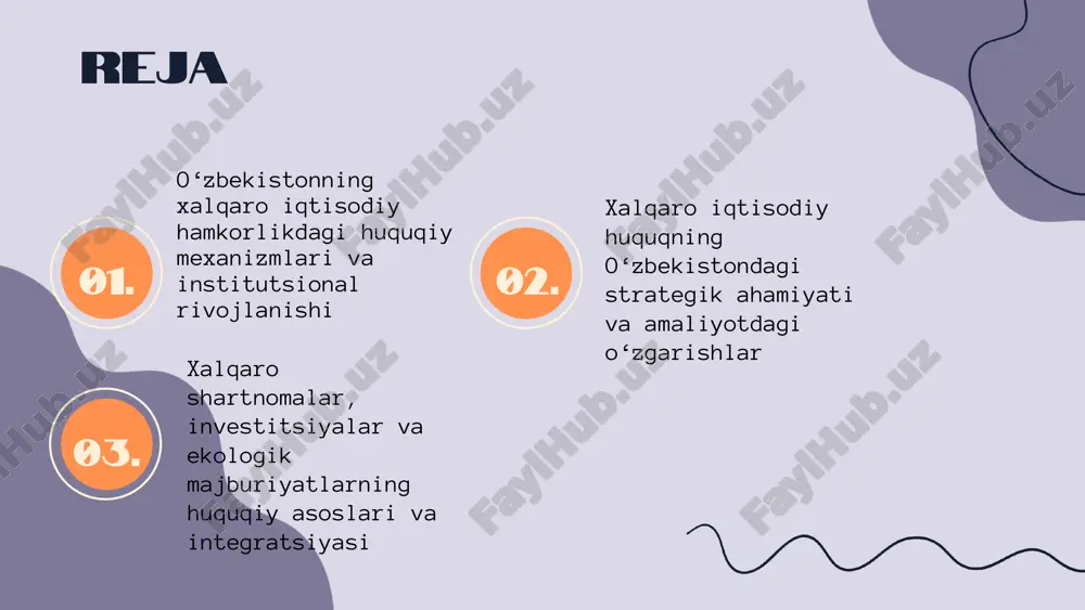 huquqiy me’yorlar global iqtisodiy integratsiyani tartibga soladi, davlatlar o‘rtasidagi hamkorlikni rivojlantiradi va o‘zbekiston xalqaro tashkilotlar bilan faol hamkorlik qilmoqda. o‘zbekistonning xalqaro iqtisodiy-huquqiy munosabatlardagi asosiy yo‘nalishlari tashqi savdo va investitsiyalarni himoya qilish o‘zbekiston tashqi savdo va investitsiyalarni himoya qilish uchun xalqaro huquqiy asoslarni mustahkamlashga e'tibor qaratmoqda. bu jarayonda xalqaro shartnomalar va qonunchilik muhim rol o‘ynaydi. mintaqaviy va global integratsiya davlat mintaqaviy va global iqtisodiy integratsiya jarayonlariga faol qatnashib, yangi bozorlar ochish va iqtisodiy hamkorlikni kengaytirishga intilmoqda. bu strategiya iqtisodiy rivojlanishni ta'minlashga yordam beradi. raqamli va yashil iqtisodiyot raqamli transformatsiya va yashil iqtisodiyot yo‘nalishlari xalqaro standartlarga mos keladigan barqaror rivojlanishni ta'minlash uchun muhimdir. bu sohalarda yangi texnologiyalar va innovatsiyalar joriy etilmoqda. xalqaro iqtisodiy-huquqiy munosabatlarda o‘zbekistonning geostrategik ustunliklari o‘zbekistonning markaziy osiyodagi strategik joylashuvi uni mintaqaviy tranzit va savdo markaziga aylantiradi. transport-infratuzilmasi, jumladan, temiryo‘llar va yo‘llar, mintaqaviy hamkorlikni rivojlantirishda muhim rol o‘ynaydi. tabiiy resurslar, xususan, gaz va mineral boyliklar, iqtisodiy mustahkamlik va tashqi aloqalarni …