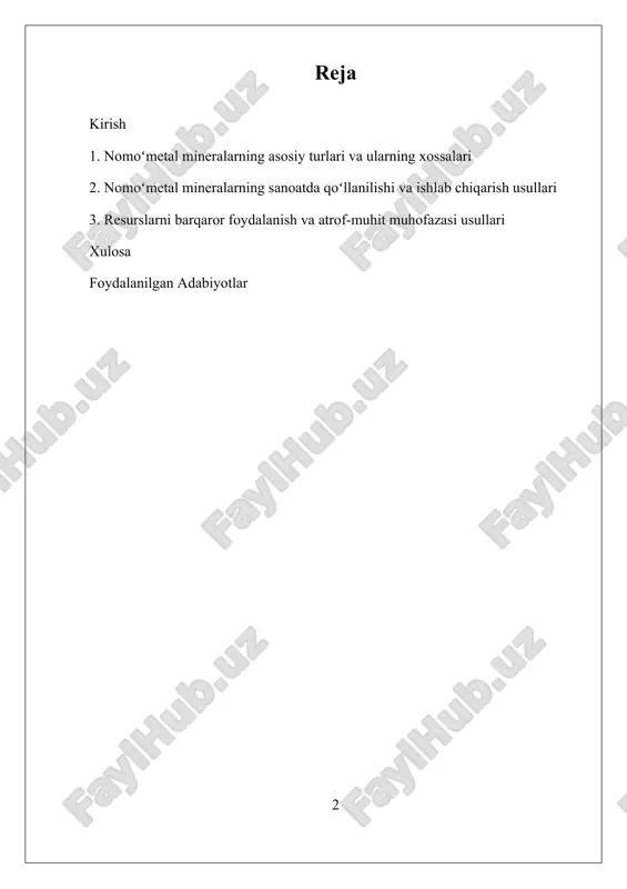 lanish muammolari ham dolzarb muhokama mavzularidan biridir. hozirgi vaqtda, no-metall mineral resurslarning iqtisodiyotdagi o‘rni va ulardan foydalanish metodlari keng qamrovli izlanishlarni talab qilmoqda. ularning qazib olinishi va qayta ishlash texnologiyalarini rivojlantirish, ekologik muvofiqlashtirilgan usullarni joriy qilish, va resurslarni barqaror foydalanish masalalari dolzarb bo‘lib qolmoqda. shu nuqtai nazardan, bu sohadagi ilmiy izlanishlar, yangi mineral depositlarini aniqlash, ishlab chiqarish jarayonlarini takomillashtirish va atrof-muhitga ta’sirini kamaytirishga qaratilgan. bu boradagi eng muhim vazifa — resurslarni muqobil va ekologik toza usullar bilan qazib olish va qayta ishlash texnologiyalarini ishlab chiqishdir. ilmiy izlanishlar, shuningdek, no-metall mineral resurslarning iqtisodiy va ekologik xavfsizligini ta’minlash uchun zamonaviy metodlarni ishlab chiqishga qaratilgan. bu jarayonda, resurslarning geografik joylashuvi, zaxiralari va ishlab chiqarishga tayyorligi haqida aniq statistika va tahlillar muhim ahamiyatga ega. bundan tashqari, iqtisodiy rivojlanishda resurslar bilan bog‘liq muammolarni hal qilish uchun davlat siyosati va strategiyalarining mustahkam asosda ishlab chiqilishi zarur. ayniqsa, rivojlanayotgan davlatlar uchun, bu mineral resurslar mustahkam iqtisodiy o‘sishni …