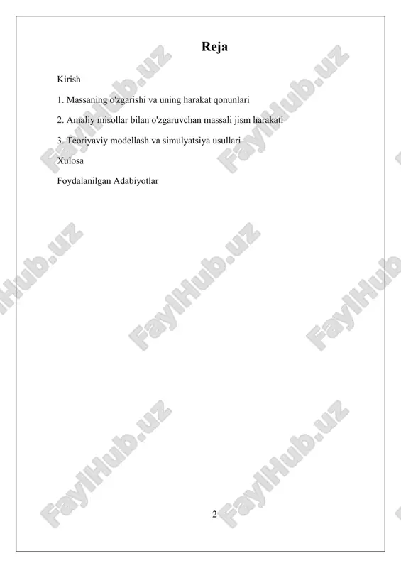 r, yadro va termoyadroviy reaktorlar, hamda uzluksiz harakatlanuvchi tizimlarda keng qo'llaniladi. o'zgaruvchan massali jismning harakatini to'g'ri modellash va tahlil qilish, xavfsizlikni ta'minlash, samaradorlikni oshirish va texnologik rivojlanish uchun muhim ahamiyatga ega. hozirgi kunda, bu sohada olib borilayotgan ilmiy izlanishlar, ayniqsa, nasa, esa kabi yirik kosmik agentliklar va akademik markazlar tomonidan amalga oshirilmoqda. ular, ayniqsa, kvant mexanikasi va nisbiylik nazariyalari bilan bog'liq kengaytmalar hamda yangi texnologiyalarni ishlab chiqishga qaratilgan. i. massaning o'zgarishi va uning harakat qonunlari massaning o'zgarishi va uning harakat qonunlari fizikada muhim o'rin tutadigan mavzulardan biridir, chunki bu jarayonlar jismning harakatini tushunish uchun asosiy tushunchalarni tashkil etadi. o'zgaruvchan massali jismning harakatini o'rganishda, uning massasining vaqt o'tishi bilan o'zgarishi jarayoni, aniqlik va tahlil uchun muhim ahamiyatga ega bo'ladi. bu jarayonni to'g'ri tushunish uchun, avvalo, massa va harakat qonunlarining asosiy tamoyillarini bilish zarur. massaning o'zgarishi, asosan, jismning tashqi yoki ichki omillarga bog'liq holda massasining kamayishi yoki ortishi bilan bog'liq bo'lishi mumkin. …