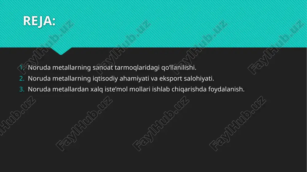 anoati, elektronika va boshqa ko‘plab sohalarda keng qo‘llaniladi. noruda metallari sanoat tarmoqlarining rivojlanishiga katta hissa qo‘shadi. ular po‘lat, alyuminiy, mis va boshqa mahsulotlarni ishlab chiqarishda ishlatiladi, bu esa qurilish, avtomobil sanoati, elektrotexnika va boshqa ko‘plab sohalarning rivojlanishini ta’minlaydi. bu metallarning qazib olinishi va qayta ishlanishi ko‘plab ish o‘rinlarini yaratadi, shu bilan birga texnologik va muhandislik malakalariga ega mutaxassislarni talab qiladi. noruda metallari mamlakatning iqtisodiy barqarorligini ta'minlashda ham muhim rol o'ynaydi. ularning eksporti mamlakatning iqtisodiy salohiyatini oshiradi, bu esa importga nisbatan ijobiy tijorat balansi yaratishga yordam beradi. noruda metallarini ishlab chiqarish va eksport qilish mamlakatning global bozorlardagi mavqeini mustahkamlashga yordam beradi. etiboringiz uchun rahmat! image2.jpeg image3.jpeg