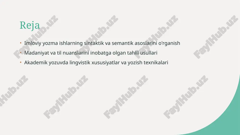 iqligi yozma ishning logikasini mustahkamlaydi, xatoliklarni kamaytiradi va yozuvning lingvistik sifatini oshiradi. imloviy yozma ishlarning lingvistik xususiyatlarini o'rganish 1 lingvistik asoslar imloviy yozma ishlarning lingvistik xususiyatlarini o‘rganish, tilning sintaktik va semantik strukturalarini tahlil qilish bilan bog‘liq. bu yozma shakllarda aniq va to‘g‘ri ifoda uchun muhimdir. 2 syntax va semantik aloqalar sintaktik va semantik elementlar o‘rtasidagi bog‘liqlik, yozma matnlarda ma’no va tuzilmaning uyg‘unligini ta’minlaydi. bu, ayniqsa, murakkab fikrlarni tushunarli ifoda qilishda muhimdir. 3 madaniy va til nuanslari lingvistik tahlil madaniyat va til nuanslarini hisobga oladi, bu yozma ishlarning madaniyatga mos, aniq va ijobiy ta’sir ko‘rsatadigan bo‘lishini ta’minlaydi. madaniyat va til nuanslarini tahlil qilishda lingvistik yondashuvlarning roli 01 madaniyat va til o’rtasidagi bog’liqlik lingvistik yondashuvlar madaniyatdagi til o’ziga xosliklarini aniqlashga yordam beradi, milliy ifoda va an’analarning til orqali ifodalanishini tushunishga imkon yaratadi. 02 nuanslarni aniqlashdagi roli til va madaniyat nuanslarini tahlil qilishda lingvistik usullar kontekst, idiomlar va shaxsiy ifoda usullarini aniqlashga yordam …