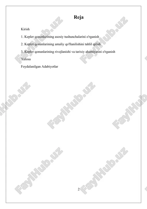 nilmoqda, ularning yordamida galaktikalar, kosmik jarayonlar va quyosh tizimining tuzilishi o‘rganilmoqda. kepler qonunlarini chuqurroq tushunish, insonlarning koinotdagi o‘rni va dunyoni anglash uchun muhimdir. bu qonunlar yangi ilmiy metodlar va texnologiyalar ishlab chiqishda asos bo‘lib xizmat qilmoqda, shuningdek, insonlarning koinotga bo‘lgan qiziqishini oshirib, ilm-fan rivojiga yangi imkoniyatlar yaratmoqda. i. kepler qonunlarining asosiy tushunchalarini o'rganish kepler qonunlarining asosiy tushunchalarini o‘rganish, astronomiya va fizika sohalarida muhim bo‘lib, sayyoralar va yulduzlarning harakatini tushunishda muhim poydevor hisoblanadi. bu qonunlar, ayniqsa, johannes kepler tomonidan 17-asrda ishlab chiqilgan bo‘lib, ularning har biri sayyoralar harakatining turli jihatlarini yoritadi va ularning bir-biriga bog‘liqligini tushuntiradi. ularning har biri mustaqil bo‘lib, ammo birgalikda sayyoralar va quyosh orasidagi dinamik aloqalarni to‘liq tushunishga yordam beradi. birinchi qonun, yoki elliptik orbitalar qonuni, sayyoralar quyosh atrofida elliptik shaklda harakatlanishini ta’kidlaydi. bu qonun, avvalgi geosentrik modelga qarshi bo‘lib, sayyoralar sferik yoki doimiy aylanuvchi chiziqlarda emas, balki elliptik orbitalarda harakatlanishini bildiradi. ellipsning markazi yoki yirik fokuslaridan biri …
