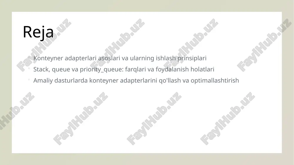 iner adapterlar, masalan, stack va queue, ma'lumotlarni samarali boshqarish uchun optimal usullarni ta'minlaydi, resurslarni tejash va ishlashni tezlashtiradi. 2 xotira va vaqtni tejash ularning yordamida ma'lumotlarni to'g'ri tartibda saqlash va qabul qilish orqali, dastur ishlash vaqtini qisqartirish va xotira foydalanimini optimallashtirish mumkin. 3 moslashuvchanlik va kod soddaligi container adapterlar, kodni soddalashtiradi va kengaytiriladigan qilishga yordam beradi, shuningdek, turli dasturlash vazifalariga moslashuvchanlik ta'minlaydi. 4 ishlab chiqish va debug qilish ular dasturchilarga ma'lumotlarning to'g'ri ketma-ketligini nazorat qilish, xatoliklarni aniqlash va dastur xavfsizligini oshirishda qo'l keladi. stack, queue va priority queue: ishlash prinsiplari va asosiy farqlari 1 ishlash prinsiplari stack lifo (oxirgi kirgan birinchi chiqadi), queue fifo (birinchi kirgan birinchi chiqadi), priority queue esa elementlarni ustuvorlik bo‘yicha tartiblaydi. har biri muhim ma'lumotlarni boshqarishda ishlatiladi. 2 asosiy farqlar stack oxirgi elementni birinchi olib chiqadi, queue esa bosqichma-bosqich tartibda ishlaydi, priority queue esa ustuvorlikka asoslangan, eng yuqori prioritetli element birinchi. 3 amaliy foydalanish stack rekursiyalar …