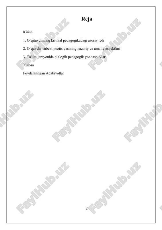 da etish imkoniyatini yaratishi, ularning kritikal fikrlash va mustaqil qaror qabul qilish qobiliyatini oshiradi. shu bilan birga, o‘quvchi-subekt pozitsiyasini shakllantirishda pedagogik amaliyotda muhim bo‘lgan jihatlar – bu, avvalo, shaxslararo muomala, ijtimoiy muhit va ta’lim mazmunining muvofiqligidir. zamonaviy ta’limda, bu jarayonlarni muvaffaqiyatli amalga oshirish uchun pedagogik nazariyalar va metodikalarning uyg‘unligi, shuningdek, ta’lim muhitini insonparvar va demokratik qilish talab etiladi. i. oʻqituvchining kritikal pedagogikadagi asosiy roli oʻqituvchining kritikal pedagogikadagi asosiy roli ta'lim jarayonida muhim ahamiyatga ega bo‘lib, uning faoliyati va yondashuvi talabalarning fikrlash imkoniyatlarini kengaytirish, ularning mustaqil fikr yuritishini rivojlantirish va jamiyatdagi ijtimoiy-siyosiy muammolarga kritik munosabat bildirishga qaratilgan. kritikal pedagogika nazariyasida o‘qituvchining roli faqat bilim beruvchi sifatida emas, balki muhokama va dialogni rivojlantiruvchi, talabalarning aktiv ishtirokini ta'minlovchi, ularni o‘z fikrlarini erkin ifoda qilishga undovchi shaxs sifatida belgilangan. kritikal pedagogika asoschilaridan biri bo‘lgan paulo freire ta'lim jarayonida o‘qituvchini "yordamchi" (co-learner) sifatida ko‘rib, uning vazifasini talabaning kritikal fikrlashini rivojlantirish uchun muhit yaratish va uni …