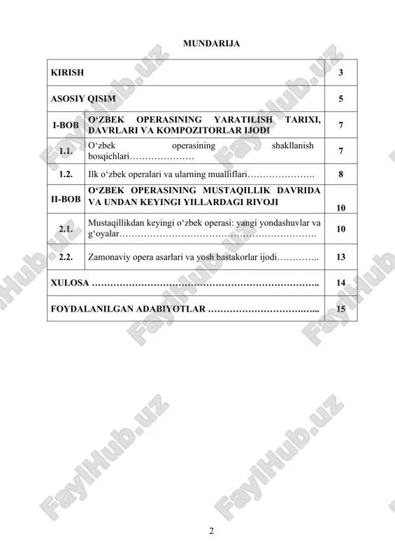 iy yutuqlarini saqlab qolish, balki yangi avlod bastakorlariga ham ilhom manbai bo‘lib xizmat qiladi. kurs ishining maqsadi - mazkur kurs ishining asosiy maqsadi – o‘zbek operasi san’ati taraqqiyoti tarixini bosqichma-bosqich o‘rganish, uning shakllanishida muhim rol o‘ynagan ijodkorlar, asarlar va musiqiy tamoyillarni tahlil qilishdir. shuningdek, o‘zbek operasining milliy musiqiy an’analar bilan uyg‘unligi, janrlar boyligi va zamonaviy rivojlanish tendensiyalarini ochib berish maqsad qilingan. o‘zbek operasi san’atining shakllanishi, rivojlanish bosqichlari, yetuk asarlari va ularning madaniy-ma’naviy hayotimizdagi o‘rnini tizimli o‘rganishdan iborat. mazkur kurs ishi orqali milliy operamizning tarixiy ildizlarini, bastakor va sahna ijodkorlarining bu yo‘nalishga qo‘shgan hissasini tahlil qilish, o‘zbek operasi namunalarining g‘oyaviy-badiiy mazmunini ochib berish, shuningdek, ularning yosh avlodning estetik tarbiyasidagi ahamiyatini yoritish ko‘zda tutiladi. kurs ishining vazifalari - 1. o‘zbek operasining vujudga kelish tarixini o‘rganish. 2. ilk o‘zbek operalarining mazmuni va musiqiy xususiyatlarini tahlil qilish. 3. o‘zbek operasining rivojlanishida xizmat qilgan bastakorlar, libreto mualliflari va sahna ijodkorlarini aniqlash. 4. o‘zbek operasida milliylik …