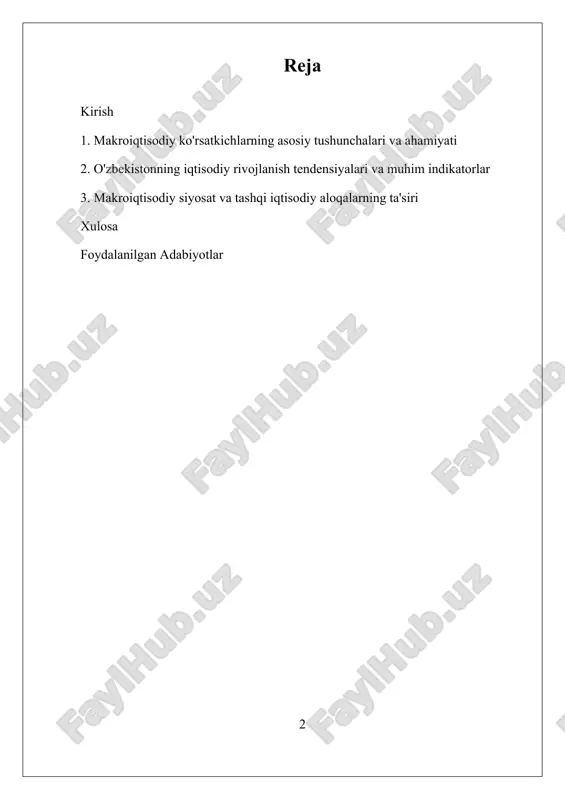 ashkilotlar tomonidan taqdim etilgan statistik ma'lumotlar asosida amalga oshiriladi. bu ma'lumotlar yordamida mamlakatning iqtisodiy holati va rivojlanish tendensiyalari aniqroq tushuniladi. mamlakatda olib borilayotgan islohotlar va makroiqtisodiy siyosatning samaradorligini baholash uchun, statistik va tahliliy yondashuvlar muhimdir. shu bilan birga, makroiqtisodiy ko‘rsatkichlarning tahlili mamlakatning iqtisodiy strategiyalarini ishlab chiqishda va ularning ta’sirini baholashda asosiy manba bo‘lib xizmat qiladi. i. makroiqtisodiy ko'rsatkichlarning asosiy tushunchalari va ahamiyati makroiqtisodiy ko‘rsatkichlar iqtisodiy holatni baholashda muhim ahamiyat kasb etadi va mamlakatning iqtisodiy rivojlanishining asosiy indikatorlari hisoblanadi. bu ko‘rsatkichlar mamlakat iqtisodiyotining umumiy holatini, rivojlanish tendensiyalarini va iqtisodiy siyosatlarning samaradorligini aniqlashda yordam beradi. o‘zbekiston respublikasining makroiqtisodiy ko‘rsatkichlari tahlil qilishda, avvalo, yalpi ichki mahsulot (yim), inflatsiya darajasi, ishsizlik darajasi, davlat budjeti, tashqi savdo balansi va valyuta kursi kabi asosiy indikatorlar o‘rganiladi. yalpi ichki mahsulot (yim) mamlakat iqtisodiyotining umumiy ishlab chiqarilgan mahsulot va xizmatlar qiymatini ifodalaydi. o‘zbekiston uchun bu ko‘rsatkich iqtisodiy o‘sish sur’atlarini baholashda muhim bo‘lib, so‘nggi yillarda yimning o‘sishi iqtisodiy rivojlanishning …