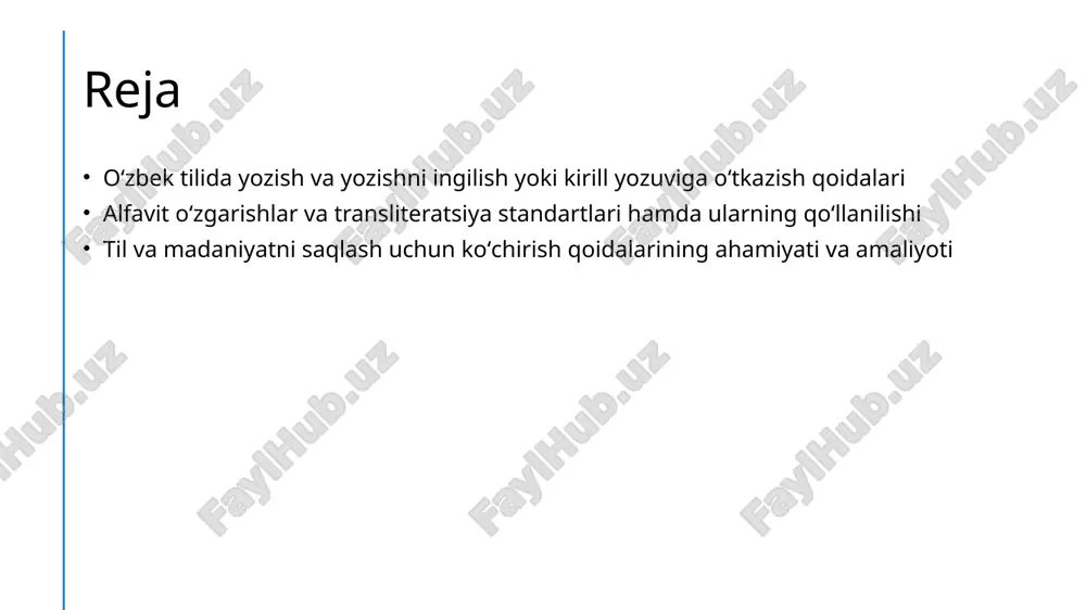 un muhim rol o'ynaydi. yozish jarayonida standartlashtirilgan qoidalar va texnikalar yordamida harflar va so'zlarni to'g'ri transliteratsiya qilish muhim, bu xatoliklarni kamaytiradi. yaxshi tushunilgan qoidalar va amaliy mashqlar yordamida transliteratsiyadagi xatoliklar, ma'noni noto'g'ri tushunish yoki yozuvdagi chalkashliklarni oldini oladi. koʻchirish qoidalarining madaniyat va tilni saqlashdagi roli va muhimligi 1 madaniyatni saqlashda transliteratsiya to'g'ri transliteratsiya madaniyat va tilni asrab qolishga yordam beradi, milliy an'analarga mos yozuvlar va yozish tartiblarini saqlash muhimdir. 2 til va tarixiy meros transliteration, tarixiy yozuvlarni zamonaviy yozuvga o'tkazishda yordam berib, milliy til va tarixiy merosni avaylab qolishda muhim rol o'ynaydi. 3 madaniy identitet va birlik standartlashtirilgan qoidalar orqali, transliteratsiya til va madaniyatni birlashtiradi, yosh avlodga milliy identitetni va madaniyatni saqlash imkonini beradi. alfavit oʻzgarishlari va transliteratsiya standartlarining asosiy prinsiplari 01 alfavit oʻzgarishlari va tarixiy rivoj oʻzbek tilida alfavit oʻzgarishlari boshlanganidan beri, yozuv tizimi va standartlar evolyutsiya qilgan. bu jarayon, til va madaniyatni saqlash uchun muhim ahamiyatga ega. 02 …
