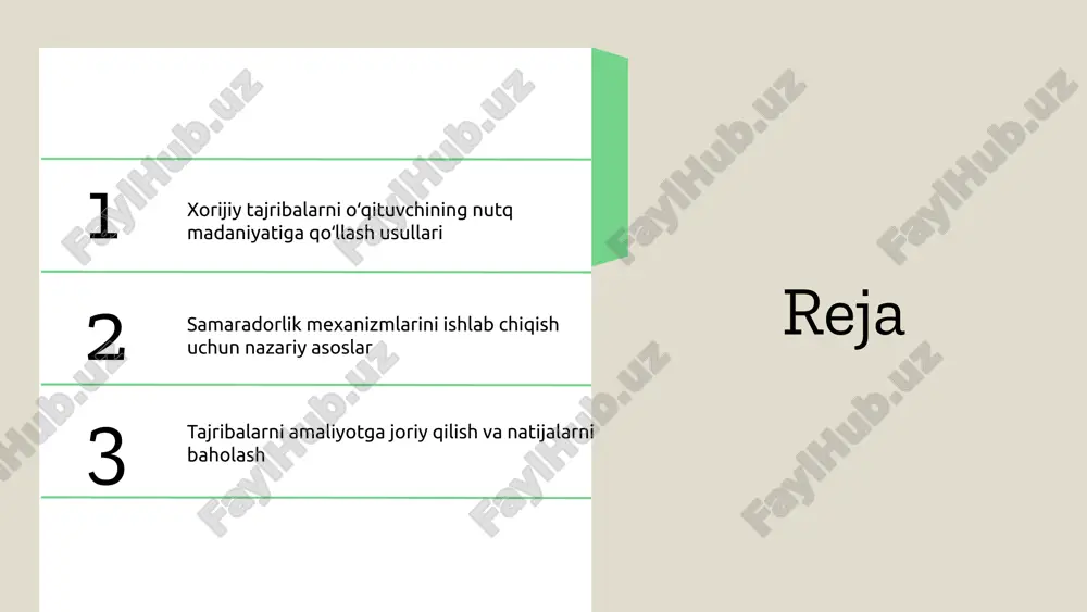 'rsatadiki, psixologik tayyorgarlik va kommunikatsiya texnikalari o'qituvchilarning nutq madaniyatini oshirishda muhim rol o'ynaydi, bu esa o'quvchilarning qiziqishini va anglashuvini yaxshilaydi. o'qituvchilar uchun amaliy tavsiyalar: muntazam treninglar, zamonaviy texnologiyalarni qo'llash va nutq uslubini takomillashtirish orqali nutq madaniyatini rivojlantirish mumkin. xorijiy tajribalarni o'z tajribamizga moslashtirish uchun aniqlik, muvofiqlik va samimiylik elementlarini ustuvor qilib, o'qituvchilar o'zaro samarali aloqalarni rivojlantirishi mumkin. xorijiy tajribalar: amaliy misollar samaradorlik mexanizmlari — bu o'qituvchi nutq madaniyatida samarali muloqot, motivatsiya va interaktiv aloqalarni ta'minlovchi psixologik va pedagogik jarayonlardir. nazariy asoslar kommunikatsiya nazariyalari, motivatsiya va psixologik yondashuvlarni o'z ichiga oladi; vygotskiy rivojlanish teoriyasi va kommunikatsiya modellari misol bo'la oladi. finlandiya va janubiy koreyada pedagogik strategiyalar samaradorlik mexanizmlarini kuchaytirishga qaratilgan bo'lib, dialog, motivatsiya va talaba ishtirokini rivojlantirishga yordam beradi. nazariy asoslar: samaradorlik mexanizmlari samaradorlik mexanizmlari turli xil bo'lib, ularning asosiy turlari quyidagilardan iborat: motivatsiya mexanizmlari, bilim va ko'nikma rivojlantirish mexanizmlari, va o'z-o'zini baholash mexanizmlari. har bir mexanizm o'ziga xos xususiyatlarga ega: …
