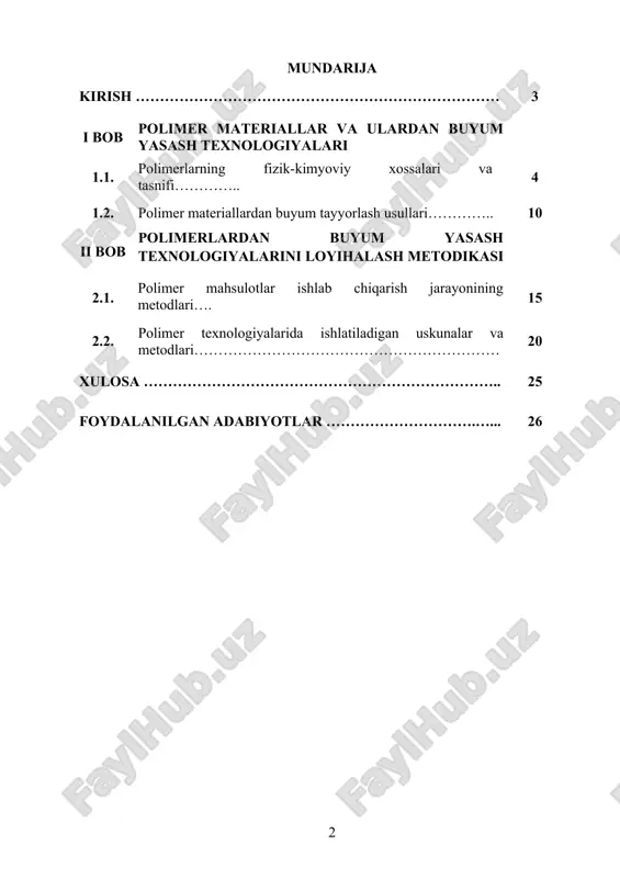 giyasini o‘rganish, ularning tahlil qilishga doir didaktik yondashuvlarni aniqlash hamda bu texnologiyani zamonaviy o‘quv metodikalari asosida ta’lim jarayoniga joriy etish yo‘llarini ishlab chiqishdan iborat. kurs ishining obyekti - kurs ishining obyekti sifatida polimer materiallardan buyum tayyorlash texnologiyasi va uning ta’lim jarayonida o‘rganilishi olinadi. bu obyekt orqali polimer materiallarning turlari, ularning fizik-kimyoviy xossalari, ishlab chiqarishdagi qo‘llanishi, qayta ishlash bosqichlari va texnologik jarayonning bosqichlari tahlil qilinadi. shuningdek, polimerlardan buyum yasash jarayonida qo‘llaniladigan didaktik usullar, amaliy mashg‘ulotlar, texnik tafakkurni rivojlantirish vositalari va kasbiy ko‘nikmalarni shakllantirishga ta’siri o‘rganiladi. i bob. polimer materiallar va ulardan buyum yasash texnologiyalari 1.1. polimerlarning fizik-kimyoviy xossalari va tasnifi. polimerlar – bu juda katta molekulalardan iborat moddalar bo‘lib, ularning molekulalari takrorlanuvchi strukturaviy birliklardan (monomerlar) tashkil topgan. polimerlar tabiiy va sun’iy shaklda mavjud bo‘lib, hayotimizning barcha sohalarida keng qo‘llaniladi. ularga biologik materiallar, plastmassalar, to‘qimachilik mahsulotlari, tibbiy vositalar, qurilish materiallari va ko‘plab boshqa mahsulotlar kiradi. polimerlarning fizik-kimyoviy xossalari ularning kimyoviy tuzilishiga, molekulyar …