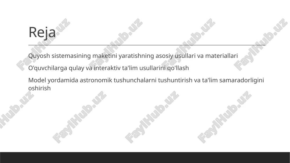atadi, ayniqsa maket uchun mos. mustahkam va chidamli materiallar yog'och, plastmassa yoki metall elementlar modelning uzoq muddat xizmat qilishini ta'minlaydi, ayniqsa harorat va bosim ta'siriga chidamli bo'lishi uchun. rang va tekstura imkoniyatlari akril yoki plastmassa materiallar turli ranglarni oson qo'llashga imkon beradi, bu esa planetalar va yulduzlarning vizual ravshanligini oshiradi. ekologik va xavfsiz materiallar biologik parchalanuvchi va xavfsiz materiallar tanlash ekologik muhitni muhofaza qiladi, shuningdek, ta'lim jarayonida xavfsizlikni ta'minlaydi. quyosh sistemasi maketini yaratishda eng samarali materiallar va usullar 01 modeling uchun eng yaxshi materiallar plastilindan, kartondan va akril bo‘yoqlardan foydalanish oson va arzon, shuningdek, yasalgan modelni chidamli va vizual jihatdan jozibali qiladi. 02 zamonaviy texnologiyalar usullari 3d printerlar yordamida yuqori aniqlikdagi maketlar yaratish mumkin, bu usul ilmiy aniq va vizual tushuntirishda samarali bo‘ladi. 03 material tanlash mezonlari materiallar mustahkamlik, arzonlik va oson ishlov berish mezonlariga muvofiq tanlanadi. shuningdek, ekologik xavfsizlik va estetik jihatlarni hisobga olish muhim. interaktiv ta'lim usullari orqali …