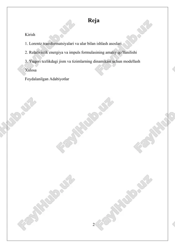h, nazariy va amaliy nuqtai nazardan, yangi kashfiyotlar va texnologik innovatsiyalar uchun asos bo‘lib xizmat qiladi. bu elementlarning o‘rganilishi, yuqori tezlikda harakat qilayotgan jism va tizimlarning dinamikasini to‘g‘ri va aniq hisoblashda yuzaga keladigan murakkabliklarni hal qilishga yordam beradi. bunday yondashuvlar, ayniqsa, kosmik missiyalar va yadroviy texnologiyalar sohasida muhim ahamiyat kasb etadi, chunki ular energiya va impulsni yuqori tezlikda hisoblashda yuzaga keladigan muammolarni hal etishga imkon yaratadi. i. lorentz transformatsiyalari va ular bilan ishlash asoslari lorentz transformatsiyalari, nisbiylik nazariyasining asosiy matematik vositalaridan biri bo‘lib, u hodisalar va fizik ob’ektlarning harakatdagi ko‘rinishini tushuntirishda muhim ahamiyatga ega. bu transformatsiyalar, ayniqsa, maxsus nisbiylik nazariyasida, vaqt va makon o‘lchovlarining har xil kuzatuvchilarga qarab qanday o‘zgarishini ifodalaydi. ular, albert eynshteyn tomonidan 1905 yilda taklif qilingan va keyinchalik nisbiylik nazariyasining markaziy elementiga aylangan, fizik jarayonlarni matematik tarzda tasvirlash uchun ishlatiladi. lorentz transformatsiyalari, asosan, ikki inersiya ramkasi o‘rtasida vaqt va makon o‘lchovlarini o‘zgartirish uchun formulalar to‘plamidir. bu formulalar, …