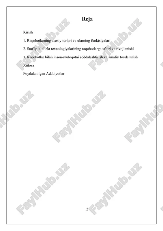 un foydalaniladi. to‘rtinchi tur, o‘qituvchi va ta’lim raqobotlari, talabalarga yordam berish, testlar o‘tkazish yoki ta’lim materiallarini taqdim etishda ishlatiladi. sun'iy intellekt va mashinalarni o‘qitish texnologiyalarining rivojlanishi bilan raqobotlarning inson bilan muloqoti yanada tabiiy va samarali bo‘lib bormoqda. ularning rivojlanishi va turlari hozirgi kunda texnologik innovatsiyalar, ma'lumotlar bazasi va tabiiy tilni tushunish imkoniyatlarining kengayishi bilan tez o‘zgarib bormoqda. bu esa, ular insonlar uchun qulay, samarali va ko‘p funktsiyali yordamchi bo‘lishini ta’minlamoqda. i. raqobotlarning asosiy turlari va ularning funktsiyalari raqobotlar, yoki chatbotlar, insonlar bilan matn yoki ovoz orqali muloqot qilish uchun ishlab chiqilgan dasturiy ta'minot vositalaridir. ular kompyuter dasturlari va sun'iy intellekt texnologiyalaridan foydalanib, inson muloqotining avtomatlashtirilgan shaklini taqdim etadi. raqobotlarning tarixi 1960-yillarga borib taqaladi, bu davrda ular inson bilan muloqotni avtomatlashtirish maqsadida yaratilgan birinchi tizimlar sifatida paydo bo‘lgan. ular odatda mijozlarga xizmat ko‘rsatish, ma’lumotlarni qidirish, savollarga javob berish va hatto savdo qilish sohalarida keng qo‘llaniladi. raqobotlarning asosiy maqsadi inson bilan muloqotni …