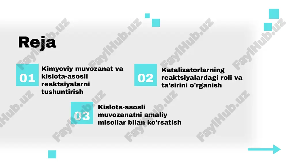 ik jarayonlarning samaradorligini ta'minlaydi. photo by victor on unsplash kislota-asosli muvozanatning o'zgarishi kislota-asosli muvozanatga ta'sir etuvchi omillar orasida harorat, bosim, va konsentratsiya o'zgarishlari bor. haroratning oshishi odatda muvozanatni o'zgartiradi, ayniqsa reaktsiya endotermik yoki ekzotermik bo'lsa. bosim gaz reaktsiyalarida muhim, konsentratsiya esa reaktsiya yo'nalishini belgilaydi. katalizatorlar esa reaktsiya tezligini oshiradi, lekin muvozanat holatini o'zgartirmaydi. photo by victor on unsplash kislota-asosli muvozanat va kimyoviy tenglamalar kislota-asosli muvozanatda reaksiyalar tenglamalar bilan ifodalanadi. misol uchun, hcl va naoh reaksiyasi natijasida suv va tuz hosil bo'ladi. bu muvozanatni matematik modellar yordamida tahlil qilish mumkin, bu esa reaktsiya tezligi va muvozanat konstantlarini aniqlashda yordam beradi. photo by victor on unsplash kislota-asosli muvozanatni o'rganishning kelajagi kelajakda kislota-asosli muvozanat sohasida yangi tadqiqot yo'nalishlari rivojlanadi. nano-texnologiyalar va kompyuter simulyatsiyalari usullari muhim rol o'ynaydi. bu innovatsiyalar ekologiya, sanoat va tibbiyot kabi sohalarda muvozanatni tushunish va nazorat qilishda yangi imkoniyatlar yaratadi, ilm-fanda va amaliyotda muhim o'zgarishlarni keltirib chiqaradi. photo by victor …