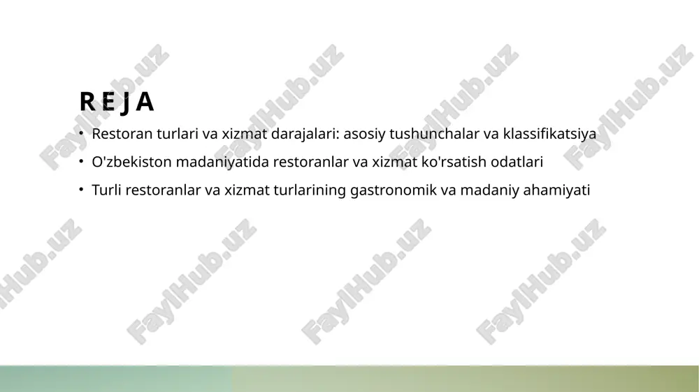 yatining uyg'unligini ta'minlaydi. 03 mehmondo'stlik madaniyati xizmat shakllari, mehmondo'stlik va qabul qilish odatlariga ta'sir ko'rsatadi. bu, mijozlarning qoniqishini oshiradi va restoranlarning ijtimoiy ahamiyatini kuchaytiradi. o'zbekiston madaniyatida restoranlar va xizmat ko'rsatish odatlari: tarixiy rivojlanish va an'analar 1 o'zbekiston madaniyatining o'ziga xosligi o'zbekiston restoranlaridagi xizmat odatlari asrlar davomida rivojlanib, milliy an'analar va madaniyat bilan chambarchas bog'liq bo'lib qolmoqda. 2 tarixiy rivojlanish o'zbekiston restoranlari qadimgi savdo yo'llarida, shuningdek, madaniyat va diniy an'analarga mos ravishda shakllanib, zamonaviy xizmat standartlariga o'tmoqda. 3 an'analar va zamonaviylik mahalliy odatlar, mehmondo'stlik va yuqori xizmat darajasi doimo muhim bo'lib, ular zamonaviy xizmat standartlari bilan uyg'unlashib, oshpazlik san'atini rivojlantiradi. 4 madaniy ta'sirlar restoranlar o'zbek madaniyatining muhim qismi bo'lib, milliy taomlar, mehmondo’stlik va an'anaviy odatlar orqali xalq ruhiyatini aks ettiradi. mahalliy odatlar va zamonaviy xizmat standartlari: o'zbek restoranlarida mijozlarga bo'lingan e'tibor 1 mahalliy odatlar - o'zbek restoranlarida mijozlarga bo'lingan e'tibor odatlari milliy madaniyatga asoslangan bo'lib, mehmondo'stlik va hurmat bilan ajralib turadi. …