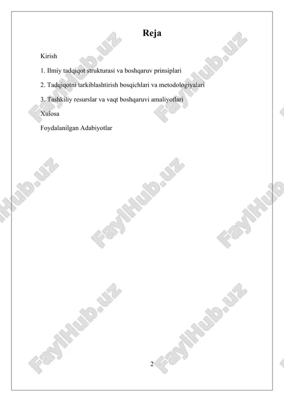 o‘rtasidagi muvofiqlikni ta’minlash bor. bu boshqaruv mexanizmi, shuningdek, ilmiy ishlarning sifatini nazorat qilish va muhim qarorlar qabul qilishda yordam beradi. ularning muvaffaqiyati, innovatsion yondashuvlar va yangi bilimlarning hosil bo‘lishi uchun muhim bo‘lib, ilmiy hamjamiyat va jamiyat ehtiyojlariga javob beradigan natijalarni taqdim etishga yordam beradi. umuman olganda, tadqiqotni tarkiblashtirish boshqichi ilmiy izlanishlarning samaradorligini oshirishga xizmat qiladi va ularning jamiyat hayotiga ta’sirini kuchaytiradi. i. ilmiy tadqiqot strukturasi va boshqaruv prinsiplari ilmiy tadqiqot strukturasi va boshqaruv prinsiplari, zamonaviy ilmiy faoliyatning samaradorligini ta’minlashda muhim ahamiyatga ega bo‘lib, ularning to‘g‘ri tashkil etilishi va boshqarilishi ilmiy natijalarning sifatini oshirishga, resurslardan optimal foydalanishga va tadqiqot jarayonining muvofiqligini ta’minlashga xizmat qiladi. ilmiy tadqiqot strukturasi — bu tadqiqotning har bir bosqichini aniq belgilab, ularning o‘zaro bog‘liqligini ta’minlovchi ramka bo‘lib, bu jarayonni boshqarish uchun asos yaratadi. bu struktura odatda muammo aniqlashdan boshlab, nazariy asoslash, empirik tadqiqotlar, natijalar tahlili va ularni taqdim etish kabi bosqichlarni o‘z ichiga oladi. ilmiy tadqiqotning strukturasi …