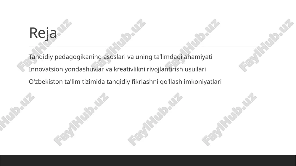 rivojlanadi. 2 o'qituvchilar tayyorlashi o'qituvchilarni tanqidiy fikrlash va kreativ metodlarni qo'llashga tayyorlash, ta'lim sifatini oshirish va zamonaviy pedagogik standartlarga moslash uchun zarur. 3 texnologiya integratsiyasi raqamli va interaktiv texnologiyalar yordamida ta'lim muhitini boyitish, talabalarga real muammolarni hal qilishda yordam beradigan vositalar taqdim etiladi. 4 amaliyot va hamkorlik o'zbekistonda ta'lim sohasida amaliyot va xalqaro hamkorlikni kengaytirish, tanqidiy fikrlashni rivojlantirish uchun yangi imkoniyatlar yaratadi. tanqidiy pedagogikaning ta'lim sifatini oshirishdagi ahamiyati va ta'siri. innovatsion yondashuvlar tanqidiy pedagogika ta'lim sifatini oshirish uchun innovatsion metodlar va yondashuvlarni joriy etishga yordam beradi, o'quvchilarning fikrlash va muammoni hal qilish ko'nikmalarini rivojlantiradi. fikrlash qobiliyatlari bu pedagogika shakllantiradigan kritik fikrlash va analitik qobiliyatlar nafaqat bilimlarni mustahkamlaydi, balki muhim qarorlar qabul qilishda asos bo'ladi. motivatsiya va ishtiyoq tanqidiy yondashuvlar talabalarni ta'lim jarayoniga faol qatnashishga va mustaqil fikrlashga rag'batlantiradi, bu esa o'qitish samaradorligini oshiradi. sifat va natijalar bu pedagogika ta'lim sifatini oshiradi, o'quvchilarning umumiy bilim darajasini va amaliy ko'nikmalarini kengaytiradi, muhim …