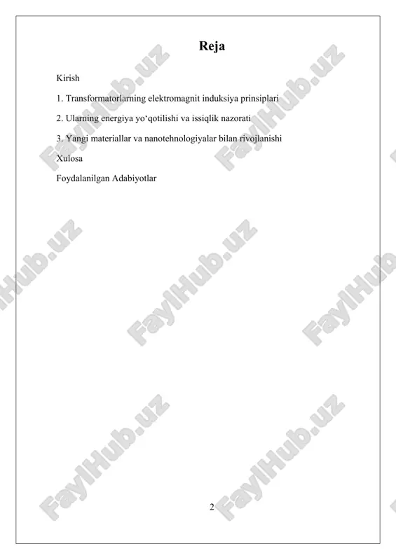 un ularning ishlash prinsiplari va materiallari bilan bog‘liq izlanishlar davom etmoqda. ushbu tadqiqotning asosiy maqsadi — transformatorlarning elektromagnit induksiya prinsiplari, energiya yo‘qotilishi va issiqlik nazorati masalalarini o‘rganishdir. shuningdek, nanotehnologiyalar va yangi materiallarning transformatorlarning ishlashiga ta'siri ham muhim o‘rganiladi. bu yo‘nalishlar energiya tizimlarining samaradorligini oshirish va ekologik xavfsizlikni ta'minlash uchun katta imkoniyatlar ochmoqda. i. transformatorlarning elektromagnit induksiya prinsiplari transformatorlarning elektromagnit induksiya prinsiplari asosida ishlash jarayoni elektromagnit qonunlar va fizikaviy prinsiplar bilan bevosita bog‘liq bo‘lib, ular transformatorlarning asosiy ishlash prinsipini tashkil etadi. elektromagnit induksiya qonuni, ayniqsa, faradayning elektromagnit induksiya qonuni, transformatorlarning asosiy ishlash mexanizmini tushunishda muhim ahamiyatga ega. bu qonunga ko‘ra, agar doimiy magnit maydonning o‘zgarishi yoki magnit maydonning magnit oqimi bilan bog‘liq bo‘lgan zanjir ichida magnit maydon o‘zgarishi yuzaga kelsa, bu zanjirda elektromagnit urish yoki kuchlanish induksiya qilinadi. transformatorlarning ishlashida, ikki asosiy element – primar va sekundar o‘ralgan simlar yoki simli o‘ramlar – mavjud bo‘lib, ular orasida magnetik oqim hosil qilinadi. …