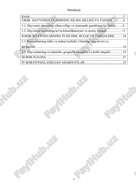 ining xilma-xilligi va hayotiy xususiyatlarini o‘rganish — zamonaviy biologiya va ekologiya uchun dolzarb ilmiy-amaliy masaladir. kurs ishining maqsadi: ushbu kurs ishining asosiy maqsadi — hayvonot olamining xilma-xilligini, ularning morfologik, fiziologik va ekologik xususiyatlarini chuqur o‘rganish, hayvonlarning tuzilishi, xulq-atvori, ko‘payish va rivojlanish jarayonlarini tahlil qilish hamda geografik tarqalishi va evolyutsion kelib chiqishi haqida ilmiy asoslangan tushunchalar shakllantirishdan iborat. shuningdek, kurs ishining maqsadi quyidagilarni ham o‘z ichiga oladi: – hayvonlar dunyosining turli guruhlariga xos biologik belgi va farqlarni aniqlash; – hayvonlarning yashash muhitiga moslashuv mexanizmlarini tahlil qilish; – hayvonlarning ijtimoiy xulq-atvori va biologik sikllarini o‘rganish orqali ularning hayot tarzini chuqur anglash; – hayvonot olamining ekologik tizimdagi o‘rnini baholash va biologik xilma-xillikni asrashga doir ilmiy asoslangan tavsiyalar ishlab chiqish; – talabalarda zoologiya va ekologiya fanlariga qiziqish uyg‘otish, amaliy kuzatish va ilmiy izlanish olib borish ko‘nikmalarini shakllantirish. kurs ishi davomida nazariy bilimlar bilan bir qatorda, hayvonlar hayotiga oid real ma’lumotlar asosida tahlillar o‘tkaziladi, bu …