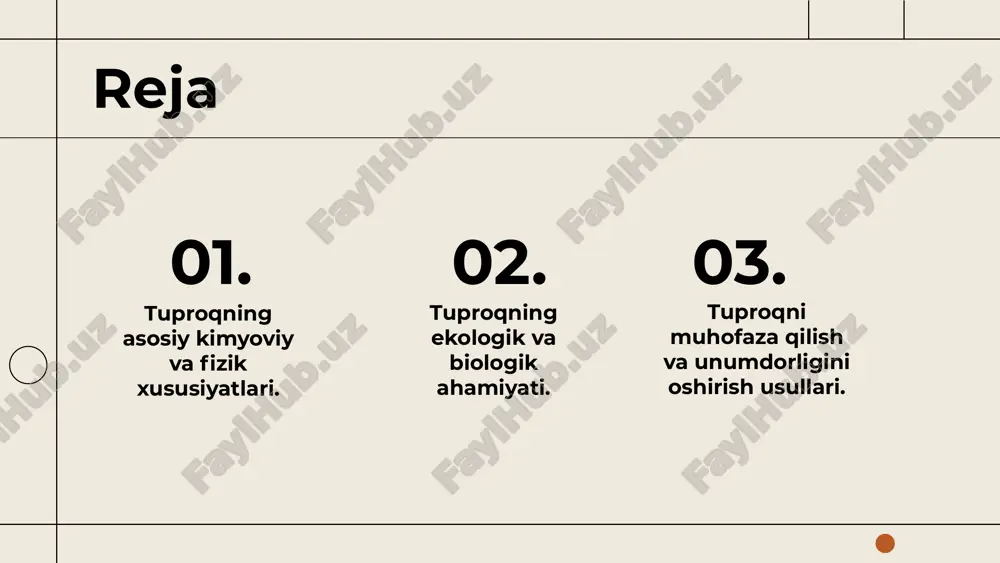 qlashda yordam beradi. integratsiyalashgan yondashuvlar bilan tuproq sifatini yaxshilash mumkin. tuproqning fizik va kimyoviy xususiyatlari o'rtasidagi bog'lanish tuproqning ekologik ahamiyati tuproq va ekosistema tuproq biologik xilma-xillik uchun muhim muhit bo'lib, odamlardan tashqari hayvonlar, o'simliklar va mikroorganizmlar uchun yashash joyi hisoblanadi. suv va havo sifatiga ta'siri tuproq suvni tozalashda muhim rol o'ynaydi, suvsuv va havodagi zararli moddalarni yutadi, organik moddalarni ajratib, havo va suv sifatini yaxshilaydi. biologik xilma-xillikning saqlanishi tuproq biologik xilma-xillikni saqlashda asosiy o'rin tutadi, mikroorganismlar, fungi va boshqa organizmlarning yashash joyi bo'lib, ekosistemani muvozanatda saqlashga yordam beradi. tuproqning biologik ahamiyati tuproqda yashovchi organizmlar va ularning roli tuproqda yashovchi mikroorganizmlar, ayniqsa azot bakteriyalari, tuproq unumdorligini oshiradi, ozuqa moddalarini ishlab chiqaradi va ekosistemaga muhim ta'sir ko'rsatadi. tuproqning oziq-ovqat zanjiridagi o‘rni tuproq mikroorganizmlari oziq-ovqat zanjirida asosiy rol o'ynaydi, ularning yordamida ozuqa moddalar ishlab chiqariladi, biologik xilma-xillik ta'minlanadi va ekosistemalar barqarorligi ta'minlanadi. tuproqning biologik jarayonlari tuproqda dekompozitsiya va azot aylanishi biologik jarayonlarning asosiy …