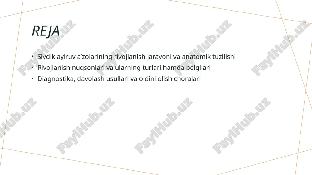 lanish jarayonida genetik va molekulyar faktorlarga asoslangan muhim nuqtalar, shuningdek, muvofiqlik va xatoliklarni oldini olish uchun o‘rganish zarur. siydik ayiruv a’zolarining rivojlanishida yuzaga keladigan anomaliyalar 1 anomaliyalar turi siydik ayiruv a’zolarida yuzaga keladigan anomaliyalar turli shakl va darajada bo‘lishi mumkin, ular ichida keng tarqalganlar — atrofiy, yopiq yoki shikastlangan holatlar. 2 genetik asoslar ba'zi rivojlanish nuqsonlari genetika bilan bog‘liq bo‘lib, ularning paydo bo‘lishi uchun genetik mutatsiyalar va irsiy xususiyatlar muhim rol o‘ynaydi. 3 tibbiy oqibatlar anomaliyalar nafaqat anatomik nuqsonlar, balki ularning klinik simptomlari, tashxis va davolash jarayonlariga ham ta’sir qilishi mumkin, bu esa sog‘liq muammolarini keltirib chiqaradi. xulosa 1 siydik ayiruv a’zolarining rivojlanish asoslari siydik ayiruv a’zolarining rivojlanishi genetik va epigenetik mexanizmlarga asoslangan bo‘lib, embrionning dastlabki bosqichlarida boshlanadi va muhim biologik jarayondir. 2 rivojlanish nuqsonlari va klinik ta’siri rivojlanish nuqsonlari turli shakllarda bo‘lib, genetik va anatomik xususiyatlarga ta’sir qiladi. ular klinik belgilarga va davolash jarayonlariga muhim ta’sir ko‘rsatadi. 3 zamonaviy …