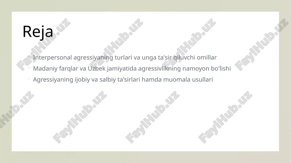 niyati va an'analari agressivlikni nazorat qilishda muhim rol o'ynaydi. an'anaviy qadriyatlar hurmat va hamjihatlikni rivojlantiradi, agressiyani kamaytiradi. muloqot tarzlari va agressiv xatti-harakatlarning rivojlanishi 1 muloqot usullari muloqot usullari individuallarning agressiv xatti-harakatlarini rivojlantirishi yoki kamaytirishi mumkin. to'g'ri muloqotdagi ochiqlik va hurmat agressiyani oldini oladi. 2 emotsional reaktsiyalar qandaydir muammo yoki g'azab paydo bo'lsa, emotsional reaktsiyalar agressivlikni kuchaytirishi mumkin. tinchlik bilan javob berish muammoni hal qilishga yordam beradi. 3 konfliktli vaziyatlar konfliktlar kommunikatsiya qobiliyatini sinovdan o'tkazadi. yaxshi muloqot va tinglash qobiliyati agressiv xatti-harakatlarni kamaytirishga yordam beradi. 4 muloqotdagi rivojlanish muloqot tarzining rivojlanishi insonlar o'rtasida tushunishni oshiradi, agressivlikni kamaytiradi va sog'lom muomala muhitini shakllantiradi. stress va frustratsiya ning agressiyani kuchaytiruvchi roli stressning ta’siri stress va frustratsiya insonlarning psixologik holatini buzib, agressiv xatti-harakatlarni kuchaytiradi, shuningdek, muomala va qaror qabul qilish qobiliyatini pasaytiradi. frustratsiya va agressiya frustratsiya, maqsadga erisha olmaslik yoki muammolar bilan yuzlashganda, agressiyani keltirib chiqarishi mumkin. bu emotsional zo‘riqishni oshiradi. stress va xulq-atvor …