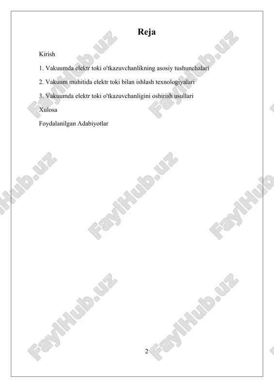 tronlar quvurlari va yuqori kuchlanishli texnikalar muhim o‘rin tutadi. bu soha nafaqat fundamental nazariyalar uchun, balki amaliy texnologiyalar, masalan, yadro reaktorlar, vakum elektronika va kosmik texnologiyalari uchun ham asos bo‘lib xizmat qiladi. vakuumda elektr toki o'tkazuvchanligini o‘rganish, uning asosiy tushunchalari va texnologiyalarini chuqurlashtirishga qaratilgan. bu mavzu umumiy kimyo va fizika sohalarida muhim bo‘lib, elektr zaryadlarining bo‘shliq yoki vakuum muhitida qanday harakatlanishini hamda ularning o‘zaro ta’sirini tushunishga yordam beradi. i. vakuumda elektr toki o'tkazuvchanlikning asosiy tushunchalari vakuumda elektr toki o'tkazuvchanligi asosiy tushunchalarini tushunish uchun avvalo elektr toki va vakuum muhitining o'ziga xos xususiyatlarini aniqlash muhimdir. elektr toki — zaryadlarning harakatidan kelib chiqadigan energiya oqimi bo‘lib, u gazlar, suyuqliklar va qattiq jismlarda turlicha ko‘rinishda namoyon bo‘ladi. vakuum muhitida esa, moddalar bo‘lmagani uchun, elektr toki o'tkazish jarayoni ancha murakkab va cheklangan bo‘lib, odatda juda yuqori kuchlanishlar va maxsus texnologiyalar yordamida amalga oshiriladi. vakuumda elektr toki o'tkazuvchanligining asosiy tushunchasi – bu muhitning elektr o'tkazuvchanlik …