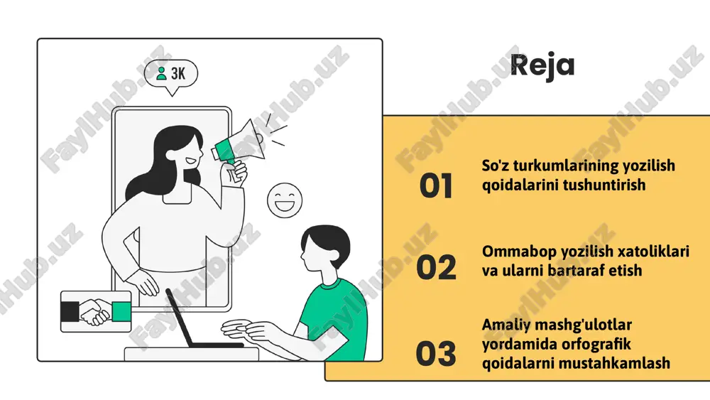 ishni ta'minlaydi. o'zbek tiliga xos yozilish qoidalarida, har bir harf va tovushning yozilishi alohida ahamiyatga ega. masalan, 'o' harfi va uning tovushga mos yozilishi. bu qoidalar tilni to'g'ri va ravon yozishga yordam beradi. photo by getty images on unsplash 1 2 3 amaliyot: yozilish qoidalarini qo'llash yozilish qoidalarini amaliyotda qo'llash uchun, avvalo, so'z turkumlariga oid qoidalarni to'g'ri tushunish zarur. mashqlar yordamida bu qoidalarni mustahkamlash mumkin. masalan, sifat olmosh va isimlarning yozilishida qoidalarni tekshirish va tahlil qilish. ommabop yozilish xatoliklari ommabop yozilish xatoliklari yozishda keng tarqalgan xatoliklar bo'lib, ularning sabablari yozish qoidalarini bilmaslik, e'tibor kamligi yoki tez yozishdan kelib chiqadi. masalan, 'qabul qilmoq' so'zini noto'g'ri yozish mumkin. xatoliklar turlari: yozilish qoidalarining buzilishi, so'zlarni noto'g'ri ajratish, ma'nosini noto'g'ri tushunish. sabablari esa qoidalarni tushunmaslik, e'tibor kamligi yoki yozishda shoshilinchlik. masalan, 'yaxshi' ni 'yaxshi' deb yozish. xatoliklarni tuzatish uchun qoidalarni puxta o'rganish, yozishni amaliyot qilish, matnlarni qayta tekshirish va ehtiyotkorlik bilan o'qish zarur. yozilish …