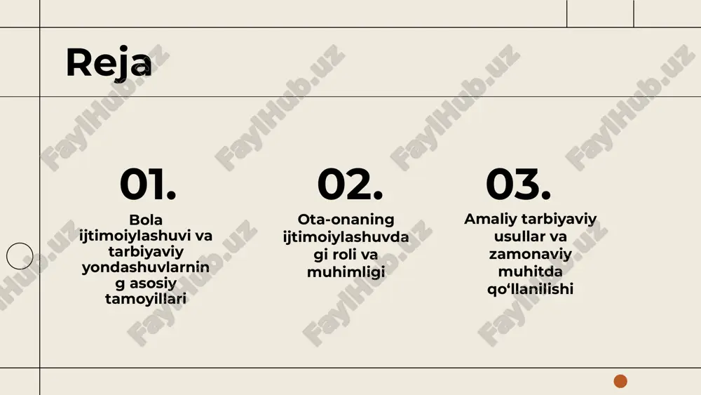 ashuvlar, o'qituvchilarning roli, muhit va metodlar. masalan, interaktiv metodlar orqali ijtimoiy qobiliyatlar rivojlantiriladi. ota-onalar va jamiyat o'rtasidagi hamkorlik: ota-onalarning roli, maktab bilan hamkorlik, umumiy maqsadlar va faoliyatlar. bu bola rivojlanishini kuchaytiradi. ota-onaning ijtimoiylashuvdagi roli ota-onaning bola ijtimoiylashuvidagi o'rni ota-onalar bolalarni jamiyat qoidalariga o'rgatadi, madaniyat, odob-axloq va davranishlarni namuna qilib ko'rsatadi. bu ularning ijtimoiylashuvida muhim ahamiyat kasb etadi. ota-onaning tarbiyaviy yondashuvlari tarbiyaviy yondashuvlar: muvozanatli, autoritar va erkin. har bir yondashuv bolalar rivojiga turlicha ta'sir qiladi, ularning mustaqil fikrlash va ijtimoiy qobiliyatlarini shakllantiradi. ota-onaning ijtimoiy muhitga ta'siri ota-onalar ijtimoiy statusi, madaniyati va odatlari bilan bolalarning ijtimoiy muhitga moslashuvi va ijtimoiy ko'nikmalarga ega bo'lishida muhim rol o'ynaydi. ota-onaning muqaddas vazifalari ota-onalar bolalarining tarbiyasida asosiy rol o'ynaydi. ular axloqiy, madaniy va ijtimoiy qiymatlarni shakllantirishda muhim vazifa bajaradi. masalan, mehr-oqibat va mas'uliyatni o'rgatish ota-onaning vazifalaridan biridir. ota-onaning bola ijtimoiylashuviga qo'shgan hissasi uning jamiyatdagi faol roli bilan bog'liq. ular bolalarga qoidalar va odob-axloqni o'rgatadi, shuningdek, jamiyatga …