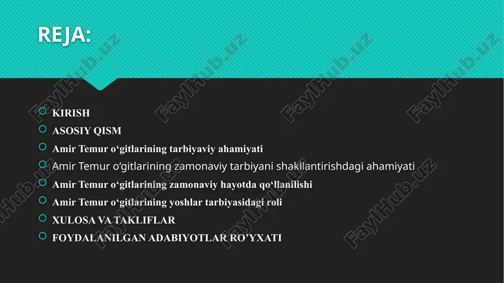 ni kuchaytirish va milliy qadriyatlarni o‘rgatish bo‘yicha olib borilayotgan ishlar ahamiyatli bo‘lib, bu jarayonda tarixiy shaxslarning ta’limiy o‘gitlari muhim o‘rin tutadi". o‘zbekistonning xxi asrda davom etayotgan ijtimoiy, siyosiy va ma’naviy islohotlar jarayonida, amir temurning o‘gitlari zamonaviy yoshlarni tarbiyalashda o‘z hissasini qo‘shishi kerak. amir temur o‘zining tarixiy yo‘nalishida, jamiyatning har bir qatlamiga ta'lim berishda, eng avvalo, insoniy qadriyatlar va adolatni ilgari surgan. amir temur o‘zining buyuk harbiy mahorati, siyosiy donoligi va davlat boshqaruvidagi yuksak bilimlari bilan birga, ma'naviyat va tarbiya sohasida ham qimmatli o‘gitlar qoldirgan. uning harbiy muvaffaqiyatlari, hukmronlikka bo‘lgan qobiliyati nafaqat siyosatga, balki o‘sha davrda yoshlarni tarbiyalashga ham bevosita ta’sir ko‘rsatgan. temur o‘zining muvaffaqiyatlaridan kelib chiqqan holda, tarixda milliy va axloqiy qadriyatlarni rivojlantirishni asosiy maqsadlaridan biri sifatida belgilagan. amir temur o‘gitlarining zamonaviy tarbiyani shakllantirishdagi ahamiyati amir temur o‘gitlari nafaqat o‘z davrida, balki hozirgi kunda ham tarbiyaning asosiy qadriyatlari sifatida katta ahamiyat kasb etadi. temur o‘gitlarining zamonaviy tarbiya jarayoniga ta’siri yoshlarning …