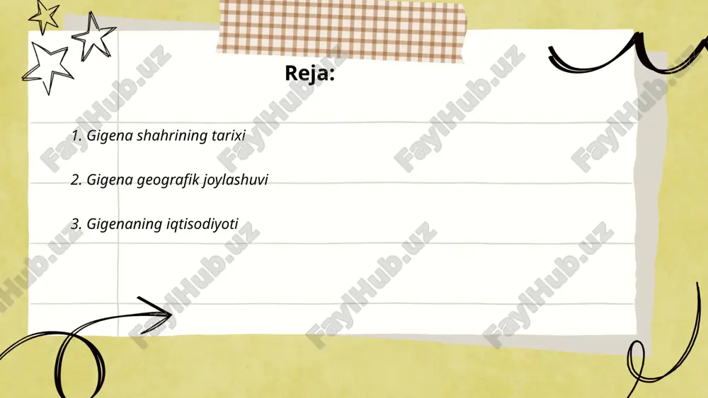 mahsulotlari bozorining o‘sish sur'ati yillik 12-15% ni tashkil etmoqda. aholining gigiena bo‘yicha xabardorligini oshirish, ayniqsa jamoat joylarida, kasalliklarning oldini olishda muhim rol o‘ynaydi va bu esa iqtisodiy samaradorlikni oshirishga yordam beradi. ... t.me/slaydai_bot 4. gigena madaniyati gigena madaniyati o‘zbekistonning janubiy hududlaridan biri bo‘lgan qashqadaryo viloyatida joylashgan qadimiy madaniy meros hisoblanadi. tarixiy manbalarga ko‘ra, bu hududda dastlabki aholi o‘rnashishi miloddan avvalgi v asrga to‘g‘ri keladi. bu davrda odamlar dehqonchilik va chorvachilik bilan shug‘ullanganlar. 19-asrning oxiri va 20-asrning boshlarida gigena hududida arxeologik qazuv ishlari olib borilib, 300 dan ortiq qadimiy ashyolar topilgan. bu topilmalar orasida keramika buyumlari, sopol idishlar va metal buyumlar ham mavjud. gigena madaniyati hududidagi eng mashhur arxeologik yodgorliklardan biri yaypan qishlog‘idandir. ... t.me/slaydai_bot gigenadagi asosiy san'at va adabiyot ko'plab xalqlar madaniyatidan ta'sirlangan. adabiyoti asosan xalq afsonalari, eposlar va qo'shiqlar asosida rivojlangan. gigenadagi san'at turli janrlarda namoyon bo'ladi, jumladan musiqa, raqs va tasviriy san'at. 19-asr oxiri va 20-asr boshlarida adabiyot …