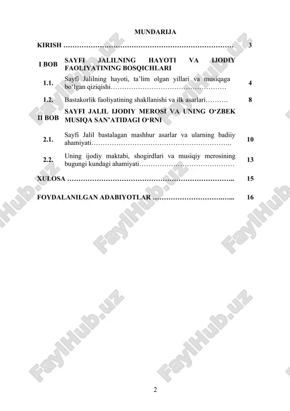 hayoti, adabiy merosi, ijtimoiy-siyosiy qarashlari va asarlarining mazmun-mohiyatini o‘rganish, uning ijodiga zamonaviy adabiy-tahliliy yondashuvlar asosida baho berish hamda uni ta’lim jarayoniga joriy etish yo‘llarini aniqlashdan iborat. kurs ishining obyekti - kurs ishining obyekti sifatida sayfi jalilning hayoti va adabiy merosi olinadi. ushbu obyekt doirasida adibning tarjimai holi, ijodiy faoliyatining bosqichlari, jamiyatdagi o‘rni, shuningdek, uning she’riy va nasriy asarlari, ularda aks etgan g‘oyaviy-badiiy mazmun, milliylik va insonparvarlik tamoyillari tahlil qilinadi. shuningdek, sayfi jalil asarlarini o‘rganishda qo‘llaniladigan didaktik usullar, adabiy tahlil yondashuvlari, o‘quvchilarda estetik qarashlarni shakllantirish vositalari hamda adib ijodining yosh avlod tarbiyasidagi o‘rni ko‘rib chiqiladi. i bob. sayfi jalilning hayoti va ijodiy faoliyatining bosqichlari 1.1. sayfi jalilning hayoti, ta’lim olgan yillari va musiqaga bo‘lgan qiziqishi. sayfi jalil – o‘zbek adabiyoti va madaniyatining yorqin vakillaridan biri bo‘lib, u o‘zining adabiy va musiqiy merosi bilan milliy madaniyat taraqqiyotiga ulkan hissa qo‘shgan ijodkordir. uning hayoti, ijodiy faoliyati va musiqaga bo‘lgan mehr-muhabbati orqali biz bir …