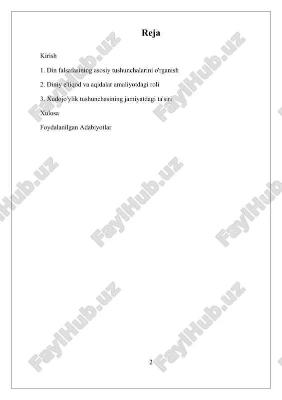 oladi. diniy e'tiqodlar va aqidalar insonning ilohiyotga bo‘lgan ishonch va uning haqiqati haqidagi tasavvurlarni ifoda etadi, ilohiyat tushunchasi esa, xudoning mohiyati, mavjudligi va inson dunyosidagi rolini anglashga qaratilgan. ushbu tushunchalar insonning ma'naviy va diniy hayotini, shuningdek, jamiyatlarning diniy strukturalarini tushunishda muhim ahamiyatga ega bo‘lib, ularni chuqur o‘rganish inson va olam haqidagi savollarga javob topish, madaniyatlararo tushunishni rivojlantirish uchun zarurdir. i. din falsafasining asosiy tushunchalarini o'rganish din falsafasi, yoki teologiya, inson va xudo o’rtasidagi munosabatlarni, diniy haqiqatlarni va ilohiyat tushunchalarini falsafiy nuqtai nazardan o’rganadigan muhim ilmiy soha hisoblanadi. bu soha diniy bilimlar va amaliyotlarni faqat diniy matnlar va diniy rituallar bilan cheklanmay, balki ularni falsafiy va mantiqiy asoslar bilan tahlil qilishga harakat qiladi. din falsafasining asosiy maqsadi – insonning ilohiyotga bo’lgan ishonchi, diniy e’tiqodlarning mohiyati va ularga bog’liq tushunchalarni chuqur anglashdir. diniy e’tiqodlar va aqidalar odatda insonning ilohiyotga bo’lgan ishonchini, xudoning mavjudligi, sifatlari va inson bilan bo’ladigan munosabatlarni o’z ichiga oladi. …