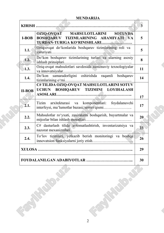 arishda qiyinchiliklarga olib keladi. c# dasturlash tili yordamida ishlab chiqilgan do‘kon boshqaruv tizimi mahsulotlarni hisobga olish, sotuv jarayonlarini nazorat qilish, ombor nazoratini amalga oshirish hamda moliyaviy hisobotlarni shakllantirish imkonini beradi. bu esa do‘kon faoliyatining samaradorligini oshirish, mijozlarga tezkor xizmat ko‘rsatish va ish jarayonlarini optimallashtirishga xizmat qiladi. shu sababli, mazkur mavzu amaliy va dolzarb hisoblanadi. oziq-ovqat do‘konlarida mahsulotlar soni va turlarining ko‘pligi, ularning yaroqlilik muddati, narx o‘zgarishlari, chegirmalar va maxsus takliflar kabi omillarni hisobga olishni yanada murakkablashtiradi. bunday murakkab tizimni inson nazoratida aniq va tez boshqarish qiyinligi sababli, avtomatlashtirilgan boshqaruv tizimlari talab qilinmoqda. c# dasturlash tili asosida ishlab chiqiladigan do‘kon boshqaruv tizimi nafaqat mahsulotlarni ro‘yxatga olish va sotuvlarni avtomatik qayd qilish imkonini beradi, balki ombor holatini real vaqt rejimida kuzatish, iste’molchilarning xarid odatlarini tahlil qilish va moliyaviy holat bo‘yicha to‘liq hisobotlar shakllantirish kabi keng qamrovli funksiyalarni ham taqdim etadi. kurs ishining maqsadi - c# dasturlash tilida oziq-ovqat mahsulotlari sotuvini boshqarishga mo‘ljallangan …