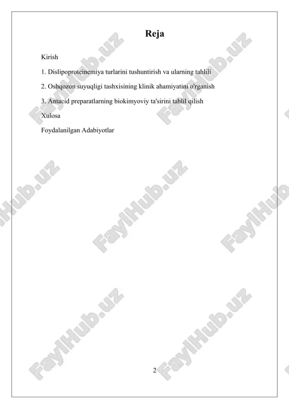 irilgan kislotalilik bilan tavsiflanadi va ular oshqozon-ichak yara kasallari uchun xavfli holatlarni keltirib chiqarishi mumkin. antacid preparatlar—kislotalarni neytrallashtiruvchi dorilar—oshqozon-ichak kasalliklarida keng qo‘llaniladi va ularning biokimyoviy asoslari oshqozon kislotalarining ishlab chiqarilishini kamaytirish yoki neytrallashtirishga qaratilgan. bu preparatlar oshqozon kislotalarining ishlab chiqaruvchilarini blokirovka qilish va oshqozon suyuqligi ph darajasini oshirish orqali yallig‘lanish va yara jarayonlarini kamaytiradi, simptomlarni yengillashtiradi. zamonaviy texnologiyalar yordamida oshqozon suyuqligi va lipidlar bilan bog‘liq laboratoriya metodlari rivojlanib, diagnostika va davolash jarayonlarini optimallashtirish imkoniyatlari kengaymoqda. i. dislipoproteinemiya turlarini tushuntirish va ularning tahlili dislipoproteinemiya turlari inson organizmida lipid va lipoproteinlarning qon hayotiy muvozanatini buzilishidan kelib chiqadigan patologik holat bo‘lib, ular yurak-xolesterin kasalliklari va ateroskleroz rivojlanishining asosiy sabablari hisoblanadi. dislipoproteinemiya turli turlarga bo‘linadi, ularning har biri qon tarkibidagi lipidlar va lipoproteinlarning muayyan o‘ziga xos buzilishiga asoslangan. bu turlarni aniqlash va tasniflash, shuningdek, ularga mos davolash strategiyalarini ishlab chiqish, zamonaviy klinik amaliyotda juda muhim ahamiyatga ega. dislipoproteinemiya turlarini tushunish uchun, avvalo, lipid va …