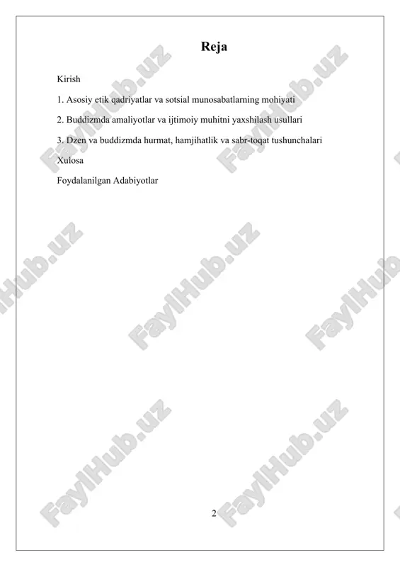 likni mustahkamlashga xizmat qiladi. mavzuning asosiy maqsadi, buddizm ta'limotlarida sotsial munosabatlarning mohiyatini, ularni rivojlantirish uchun amaliyotlar va etika qoidalarini o‘rganishdan iborat. shu bilan birga, bu tadqiqot, insonlar o‘rtasidagi muvofiqlik va ijtimoiy barqarorlikni ta’minlashda buddizm ta'limotlarining zamonaviy jamiyatdagi o‘rni va ta’sirini aniqlashga qaratilgan. shu bilan birga, bu mavzu, insonlarning ichki dunyosini va tashqi muhit bilan bo‘lishishni o‘rganish orqali, jamiyatda mehr-muhabbat va hamjihatlikni rivojlantirish uchun muhim nazariy va amaliy asoslar yaratadi. i. asosiy etik qadriyatlar va sotsial munosabatlarning mohiyati dzen va buddizmda sotsial munosabatlar etik qadriyatlar va insonlar o‘rtasidagi muvofiqlik, hamjihatlikni ta’minlashga qaratilgan asosiy tamoyillarni o‘z ichiga oladi. bu qadriyatlar insonlarning ichki dunyosi va tashqi muhit bilan bog‘liq bo‘lib, ularning bir-biriga nisbatan hurmat, sabr-toqat, mehr-muhabbat va hamjihatlik kabi sifatlarni rivojlantirishga xizmat qiladi. buddizm ta'limotlarida bu qadriyatlar nafaqat shaxsiy rivojlanish uchun, balki jamiyat barqarorligi va ijtimoiy muvofiqlik uchun muhim hisoblanadi. buddizmda etik qadriyatlar insonlarning ichki dunyosini tozalash va ularni ijtimoiy muhit bilan muvofiqlashtirish …