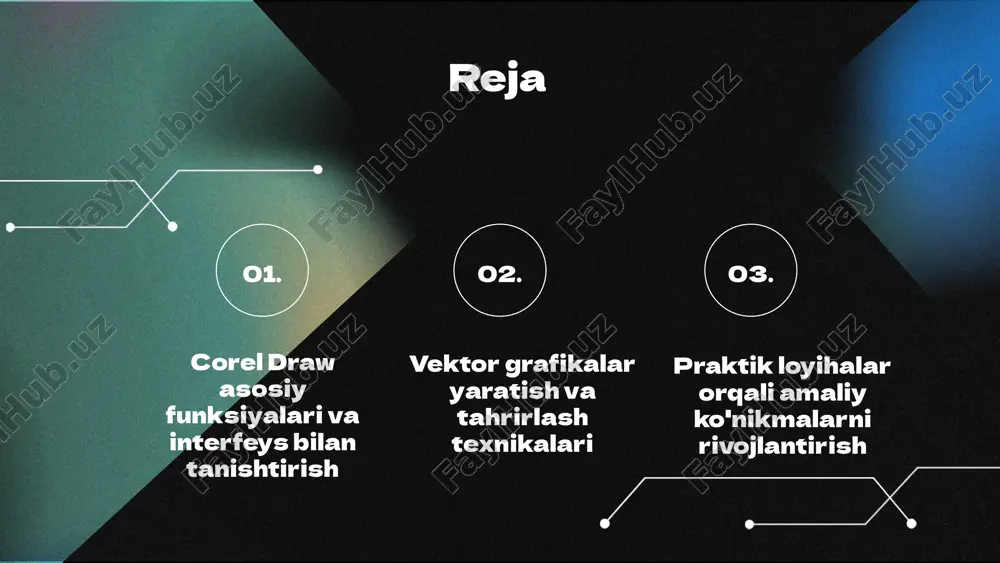 qilinadi. vektor grafikalarni tahrirlash vektor grafikalarini tahrirlashda shakllarni o'zgartirish, rang va effektlar qo'shish muhim. gradient, shovqin va filtrlar yordamida grafikaga chuqurlik va jonlilik qo'shish mumkin. qatlamlar bilan ishlashda yangi qatlamlarni qo'shish, o'chirish va tartibni boshqarish muhim. bu, murakkab kompozitsiyalar yaratishda qulaylik keltiradi. vektor grafikalarni svg, ai yoki pdf formatlarida eksport qilish va ularni internetda optimallashtirish, fayl hajmini kamaytiradi va sifatni saqlaydi. praktik loyihalar: kirish corel draw dasturida amaliy ko'nikmalarni rivojlantirish uchun loyiha ishlari muhimdir. bu jarayon orqali kreativ fikrlash, texnikani mustahkamlash va real ish tajribasini olish mumkin. loyihalar yordamida nazariy bilimlar amaliyotga ayladi. amaliy loyihalar misollari corel draw'da amaliyot uchun misollar turli xil amaliy loyihalar: logotip, banner va infografika. har bir loyiha uchun muhim ko'nikma va texnikalar aniqlanadi. bu loyihalar orqali nazariy bilimlarni amaliyotda qo'llash mumkin. har bir loyiha uchun grafik elementlar va dizayn tamoyillari muhim. logotipda oddiylik, banner uchun muvofiqlik va qiziqarli dizayn, infografikada aniq ma'lumotlar muhim. tajriba oshadi. …