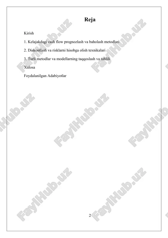shuning uchun, bu sohada yangi metodlarni ishlab chiqish, statistik va iqtisodiy modellardan foydalanishni takomillashtirish muhim ahamiyatga ega. ushbu ilmiy izlanishlar, ayniqsa, bozor sharoitlarining dinamikasi va texnologik yangiliklar bilan bog’liq rivojlanishlarni hisobga olgan holda, kompaniyalarning istiqboldagi daromadlarini yanada aniqroq baholashga yordam beradi. ushbu tadqiqotda, kelajakdagi cash flow prognozlash va baholash metodlari, diskontlash texnikalari va risklarni hisobga olish usullari tahlil qilinadi. i. kelajakdagi cash flow prognozlash va baholash metodlari 1.1 kelajakdagi kassadagi oqimlar prognozi kelajakdagi kassadagi oqimlar prognozlash va baholash metodlari kompaniyaning moliyaviy kelajagini aniqlashda muhim ahamiyatga ega bo‘lib, investitsiya va strategik qarorlar qabul qilish jarayonida keng qo‘llaniladi. bu metodlar kompaniyaning kelajakda qanday daromadlar olishini, ularning barqarorligini va o‘sish potentsialini tahlil qilish imkonini beradi. bu jarayonni to‘g‘ri amalga oshirish uchun, avvalo, kelajakdagi kassadagi oqimlarni aniq prognoz qilish va ularni baholash uchun turli metod va texnikalarni o‘rganish zarur. kelajakdagi kassadagi oqimlar — bu kompaniyaning kelajakda oladigan naqd pul oqimlari, ya'ni, daromadlar va xarajatlar …