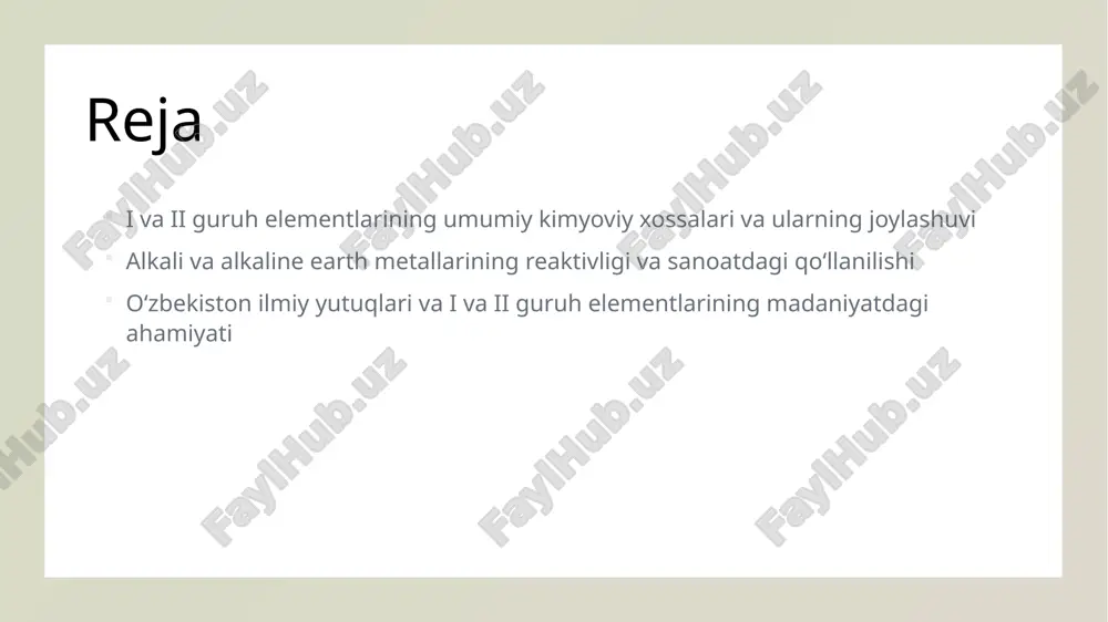 tom tuzilishi va elektron konfiguratsiyasi atom tuzilishi va elektronlar alkali va alkaline earth metallarining atomlari markaziy yadroni o'z ichiga oladi, ularning elektronlar esa atomning tashqi qavatlarida joylashgan bo‘lib, kimyoviy xossalarni belgilaydi. elektron konfiguratsiyasi alkali metallar 1s2 2s2 2p6 3s1 kabi, alkaline earth metallar esa 1s2 2s2 2p6 3s2 kabi, elektronlar soni va joylashuvi ularning reaktivligini aniqlaydi. kimyoviy xossalar atom tuzilishi va elektron konfiguratsiyasi, metallar reaktivligi, oksidlanish darajasi va kimyoviy bog‘lanishlarda ishtirokini belgilaydi, bu ularning tabiiy holati va sanoatdagi qo‘llanilishiga ta'sir qiladi. elementlarning kimyoviy reaktivligi va ularning tabiiy holati 1 reaktsiyalilik darajasi alkali va alkaline earth metallari juda reaktiv bo‘lib, ularning kimyoviy bog‘lanishlar hosil qilishga qobiliyati yuqori. bu ularning tabiiy holatini va kimyoviy reaksiyalarini belgilaydi. 2 tabiiy holati bu metallar asosan tuzlar yoki birikmalar shaklida tabiatda mavjud. masalan, natriy va kaliy ularning asosiy tabiiy shakllaridir, ular odatda suv va yer qobig‘ida topiladi. 3 kimyoviy reaktsiyalar alkali metal va alkaline earth metallarining …