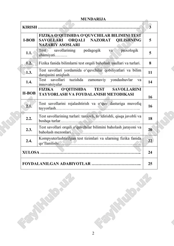 qa vaqt ichida ko‘p miqdordagi ma’lumotni samarali tekshirish imkonini beradi, o‘quvchilarning mustaqil fikrlashini rag‘batlantiradi hamda individual yondashuvni ta’minlashga yordam beradi. fizika fanida testlar nafaqat nazariy bilimlarni, balki amaliy ko‘nikmalarni ham sinab ko‘rishga xizmat qiladi. shuningdek, test savollari yordamida o‘quvchilarning fan bo‘yicha zaif tomonlari aniqlanib, ularga qo‘shimcha yordam ko‘rsatish imkoniyati yaratiladi. kurs ishining maqsadi - mazkur kurs ishining asosiy maqsadi — fizika fanidan o‘quvchilar bilimini test savollari yordamida samarali nazorat qilish metodikasini o‘rganish va takomillashtirish orqali ta’lim jarayonining sifatini oshirishdir. shuningdek, test savollari orqali o‘quvchilarning bilim darajasini aniq va tezkor baholash, ularning zaif tomonlarini aniqlash va shunga mos pedagogik yordam ko‘rsatish usullarini ishlab chiqish maqsad qilingan. kurs ishida test savollarining tuzilishi, turlari, samarali qo‘llanilishi va baholash mezonlari hamda ularni zamonaviy pedagogik texnologiyalar bilan uyg‘unlashtirish yo‘llari o‘rganiladi. kurs ishining vazifalari - 1. fizika fanida o‘quvchilar bilimini nazorat qilishning nazariy asoslarini o‘rganish. 2. test savollarining turlari va tuzilishini tahlil qilish. 3. fizika faniga …