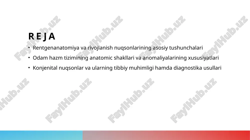 ologiyalar röntgen, ultrason va mr kabi texnologiyalar rivojlangan bo‘lib, ular anomaliyalarni aniqlashda yuqori aniqlik bilan yordam beradi, shuningdek, turli o‘zgarishlarni ko‘rsatadi. zamonaviy usullar kompyuterli tomografiya va 3d bevosita tasvirlash metodlari konjenital nuqsonlarni chuqurroq o‘rganishga imkon yaratib, diagnostikani sezgir va samarali qiladi. rivojlanish nuqsonlarining klinik ahamiyati va diagnostik yondashuvlar 1 tashxis imkoniyatlari - rivojlanish nuqsonlarini aniqlash uchun rentgen va boshqa tibbiy tasvirlash usullari muhim, ular patologiyaning aniq shakl va joylashuvini ko‘rsatadi. 2 klinik ahamiyat - bu nuqsonlar bemorning ovqat hazm qilish funksiyasiga ta'sir qilishi, komplikatsiyalar va jarrohlik muolajalar uchun muhim diagnostik ma'lumotlarni taqdim etadi. 3 diagnostik yondashuvlar - zamonaviy texnologiyalar, masalan, ct va mri, rivojlanish nuqsonlarini aniqlashda aniqlikni oshiradi, shuningdek, individual davolash rejasini shakllantiradi. hazm tizimining rentgenanatomik asoslari va uning rivojlanish jarayonlari hazm tizimining rentgenanatomik asoslari rivojlanish jarayonlari anatomik variatsiyalar hazm tizimining rentgenanatomiyasi uchun asosiy organlar, ularning joylashuvi va strukturaviy xususiyatlari aniqlanadi, bu diagnostika uchun muhimdir. hazm organlari embryonal rivojlanish jarayonida …