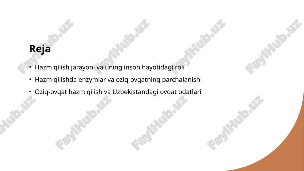 sh muammolari individual davolash va dietologiya bilan yondashiladi, sog'liqni saqlashda muhim ahamiyatga ega. enzim va hazm qilish enzimlar hazm jarayonini tezlashtiradi, oziq-ovqat moddalarini ajratishda yordam beradi va ovqat hazm qilish muammolarini bartaraf etadi. odam organizmida hazm qilish jarayonining muvofiqligi va metabolizmning ahamiyati 1 hazm jarayonining muvofiqligi odam organizmida hazm qilish jarayoni muvofiqligi sog‘liq uchun muhim, ular birgalikda ishlash orqali oziq-ovqatdan maksimal foyda olinishini ta'minlaydi. 2 metabolizmning roli metabolizm oziq-ovqat moddalarini energiya va qattiq moddalarga aylantirib, organizm ehtiyojlarini qondirishda asosiy rol o‘ynaydi. 3 muvofiqlik va energiya hazm va metabolizm muvofiqligi energiya ishlab chiqarish va organizmning umumiy faoliyatini qo‘llab-quvvatlash uchun muhim bo‘lib, sog‘liqni mustahkamlashga yordam beradi. enzymlarning hazm qilishdagi roli va oziq-ovqat parchalanishini ta'minlash 1 enzymlar va hazm qilish enzymlar – biologik katalizatorlar bo‘lib, ular oziq-ovqat moddalarini qisqa vaqt ichida ajratishga yordam beradi, hazm qilish jarayonini samarali qiladi. 2 enzymlarning ishlash mexanizmi enzymlar oziq-ovqat tarkibidagi murakkab molekulalarni kichikroq komponentlarga parchalaydi, bu esa …