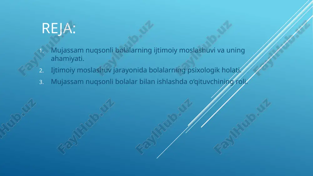 logik qo‘llab-quvvatlash katta rol o‘ynaydi. ijtimoiy moslashuv jarayonida bolalarning psixologik holati. ijtimoiy moslashuv jarayonida bolalarning psixologik holati katta ahamiyatga ega, chunki ijtimoiy muhitga moslashish bolalarning ichki dunyosida sezilarli o‘zgarishlarga olib keladi. bolaning psixologik holati uning jamiyatga integratsiyasi, o‘zini anglash, boshqalar bilan muloqot qilish va o‘z qobiliyatlarini rivojlantirish jarayonlarida hal qiluvchi omil bo‘ladi. ijtimoiy moslashuvni boshlagan bolaning psixologik holati ko‘p jihatdan uning oldingi tajribalari, oilaviy muhit, o‘qish va muloqotda yuzaga kelgan qiyinchiliklar bilan bog‘liq bo‘ladi. ijtimoiy moslashuv jarayonida bolalarning o‘zini ishonchli his qilishi va boshqa bolalar bilan teng sharoitda muloqot qilishga qodir bo‘lishi muhimdir. agar bolada o‘ziga ishonchsizlik yoki qo‘rquv hissi bo‘lsa, bu uning ijtimoiy moslashuviga salbiy ta’sir ko‘rsatishi mumkin. oila muhitining roli: bolaning oilasi uning psixologik holatiga katta ta’sir ko‘rsatadi. oila bola uchun birinchi ijtimoiy muhit bo‘lib, u erda bolaning o‘ziga bo‘lgan ishonchi, o‘zini hurmat qilish va boshqalar bilan aloqalarini o‘rganishi boshlanadi. agar oila bolaning ijtimoiy moslashuviga to‘g‘ri yondashsa va …