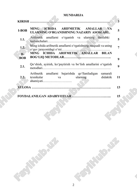 tli bo‘lish imkonini beradi. albatta, bu metodlar matematik ta’limning yanada samarali bo‘lishiga yordam beradi, o‘quvchilarni ilmiy izlanishlar va innovatsiyalarga tayyorlaydi. ta’lim jarayonida arifmetik amallarni o‘rgatishda metodik yondoshuvlarni zamonaviy o‘quv texnologiyalaridan foydalangan holda ishlab chiqish zarur. bu o‘quvchilarga faqat matematik bilimlarni emas, balki real hayotdagi muammolarni hal qilishda kerak bo‘ladigan analitik va kreativ fikrlash qobiliyatlarini ham rivojlantiradi. shuning uchun ming ichida arifmetik amallarni bajarish metodlarini o‘rganish, matematik ta’limning dolzarbligi bilan bevosita bog‘liq bo‘lib, o‘quvchilarga yuqori sifatli ta’lim berishda yordam beradi. kurs ishining maqsad va vazifalari: ushbu kurs ishining asosiy maqsadi – o‘quvchilarga ming ichida arifmetik amallarni bajarish metodlarini o‘rgatish va ular uchun tushunarli, samarali usullarni ishlab chiqishdir. kurs ishining vazifalari quyidagilarni o‘z ichiga oladi: ming ichida arifmetik amallarni bajarishning asosiy metodik tushunchalarini o‘rganish; o‘quvchilarga arifmetik amallarni bajarganda ishlatiladigan texnik vositalarni ishlab chiqish. o‘quvchilarda mantiqiy fikrlash, amallarni tahlil qilish va mustaqil yechim topish ko‘nikmalarini shakllantirish. arifmetik masalalarni hal qilishda samarali metodlarni ishlab …
