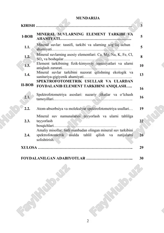 igi va terapevtik qiymatini baholashda muhim ahamiyat kasb etadi. spektrofotometrik usullar – elementlarni aniqlashda yuqori sezuvchanlik, aniqlik va takroriylik bilan ajralib turadi. ayniqsa, atom-absorbsiya va molekulyar spektrofotometriya orqali suv tarkibidagi anorganik komponentlar miqdori tez va ishonchli aniqlanadi. bugungi kunda ekologik monitoring, sog‘liqni saqlash va ichimlik suvi sifatini nazorat qilish tizimlarida ushbu usullar keng qo‘llanilmoqda. shu bois, mineral suvlarning element tarkibini spektrofotometrik tahlil qilish – dolzarb ilmiy-amaliy muammolardan biridir. kurs ishining maqsadi: kurs ishining asosiy maqsadi — mineral suvlar tarkibidagi asosiy elementlar va ionlarni aniqlashda spektrofotometrik usullarning nazariy asoslarini o‘rganish, amaliy tahlil uslublarini ishlab chiqish va ularning samaradorligini baholashdan iborat. kurs ishining vazifalari: 1. mineral suvlarning umumiy kimyoviy tarkibini tavsiflash; 2. suvdagi asosiy elementlar va ionlar (ca²⁺, mg²⁺, fe²⁺, na⁺, k⁺, so₄²⁻, cl⁻ va b.) ni aniqlash ahamiyatini bayon qilish; 3. spektrofotometriya usullarining turlari va ularning ishlash prinsiplarini o‘rganish; 4. atom-absorbsiya spektrofotometriyasining suv tahlilida qo‘llanishini yoritish; 5. rangli kompleks hosil qilish …