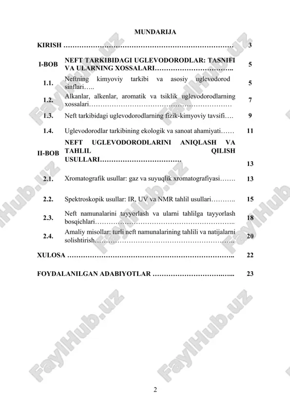 ta’siri ularga xos bo‘lgan analitik ko‘rsatkichlar orqali baholanadi. zamonaviy analitik kimyo fanida xromatografiya, spektroskopiya, massaspektrometriya kabi ilg‘or usullar neft tarkibini aniqlashda keng qo‘llanilmoqda. shu bois, neft tarkibidagi uglevodorodlarni aniqlash usullarini chuqur o‘rganish — nafaqat ilmiy, balki sanoat va ekologik nuqtayi nazardan ham dolzarb masalalardan biridir. kurs ishining maqsadi: kurs ishining asosiy maqsadi — neft tarkibidagi asosiy uglevodorodlar guruhlarini aniqlash, ularni ajratish va tahlil qilish usullarini o‘rganish, zamonaviy analitik texnologiyalarning qo‘llanilishi va ularning samaradorligini baholashdan iborat. kurs ishining vazifalari: 1. neft tarkibidagi uglevodorodlar sinflarini tavsiflash (alkanlar, alkenlar, aromatiklar va b.); 2. uglevodorodlarni ajratish va identifikatsiya qilishning klassik va zamonaviy usullarini o‘rganish; 3. gaz va suyuqlik xromatografiyasi asoslarini bayon qilish; 4. infraqizil (ir) va ultrabinafsha (uv) spektroskopiyasi yordamida aniqlash imkoniyatlarini tahlil qilish; 5. mass-spektrometriya asosida murakkab tarkiblarni aniqlash usullarini ko‘rib chiqish; 6. laboratoriyada tahlil qilish bosqichlarini ishlab chiqish va amalga oshirish; 7. olingan ma'lumotlarni grafik va jadval shaklida ifodalash; 8. tahlil natijalariga …