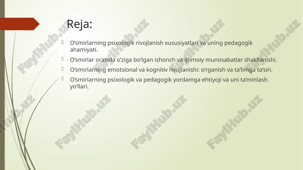 adi, bu esa o‘z-o‘zini anglashda va o‘z shaxsiyatini shakllantirishda katta rol o‘ynaydi. pedagogik nuqtai nazardan, o‘smirlarning psixologik rivojlanishini to‘g‘ri yo‘naltirish va qo‘llab-quvvatlash juda muhimdir. pedagoglar va ota-onalar o‘smirlarni qo‘llab-quvvatlashi, ular bilan muloqotda bo‘lishi va ularning ichki dunyosini tushunishga harakat qilishlari kerak. to‘g‘ri pedagogik yondashuvlar o‘smirlarning shaxsiy rivojlanishiga, ular uchun ijobiy va salbiy ta’sirlarni aniqlashga yordam beradi. o‘smirlar orasida o‘ziga bo‘lgan ishonch va ijtimoiy munosabatlar shakllanishi. o‘smirlik davri insonning shaxsiy rivojlanishining muhim bosqichlaridan biri hisoblanadi. bu davrda o‘ziga bo‘lgan ishonch shakllanadi va o‘smirlar o‘z kimligini izlashadi. o‘ziga ishonchning rivojlanishi, o‘smirning o‘ziga nisbatan ijobiy va salbiy fikrlarini anglashiga yordam beradi. o‘ziga bo‘lgan ishonch yuqori bo‘lgan o‘smirlar o‘zlarini yaxshiroq anglaydilar, o‘z fikrlarini ifodalashda erkinroq bo‘ladilar va qiyin vaziyatlarda qaror qabul qilishda mustahkam turadilar. biroq, o‘smirlar orasida o‘ziga ishonchni shakllantirish jarayoni ko‘pincha murakkab bo‘ladi. ularning o‘ziga bo‘lgan ishonchi ba’zan ijtimoiy muhit, ota-onalar, do‘stlar va o‘qituvchilar tomonidan berilgan baholar va fikrlar bilan shakllanadi. agar o‘smirlar …