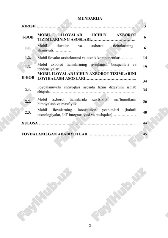 lmashinuvi, bulutli xizmatlar bilan integratsiya kabi afzalliklarga ega. shu sababli, mobil ilovalar uchun axborot tizimlarini loyihalash va ularning samarali ishlashini ta’minlash dolzarb masalalardan biri hisoblanadi. kurs ishining maqsadi: mobil ilovalar uchun axborot tizimlarini loyihalash jarayonini o‘rganish va amaliyotda qo‘llanilishi mumkin bo‘lgan samarali tizimlar yaratish bo‘yicha chuqur bilim olish. mobil platformalar uchun axborot tizimlarining ishlab chiqilishi, loyihalash bosqichlari, tizimni sozlash va dasturiy ta’minotning samarali ishlashini ta’minlash kabi muhim jihatlarni o‘rganish. kurs ishida mobil ilovalarning foydalanuvchi ehtiyojlariga mos kelishini ta’minlash, ularning ishlash samaradorligini oshirish va xavfsizlikni ta’minlash uchun zamonaviy texnologiyalardan qanday foydalanish kerakligi tahlil qilinadi. shuningdek, mobil axborot tizimlarining turli sohalarda qo‘llanilishi, masalan, ta’lim, sog‘liqni saqlash, moliya, elektron tijorat va davlat boshqaruv tizimlarida qanday samarali ishlashini baholash maqsad qilingan. kurs ishida, mobil ilovalarning foydalanuvchi tajribasini (ux) optimallashtirish va ilova interfeysining dizaynini foydalanuvchilarga qulay qilish bo‘yicha nazariy va amaliy tavsiyalar beriladi. kurs ishining vazifalari: mobil axborot tizimlari va ularning turlari bilan tanishish. mobil …
